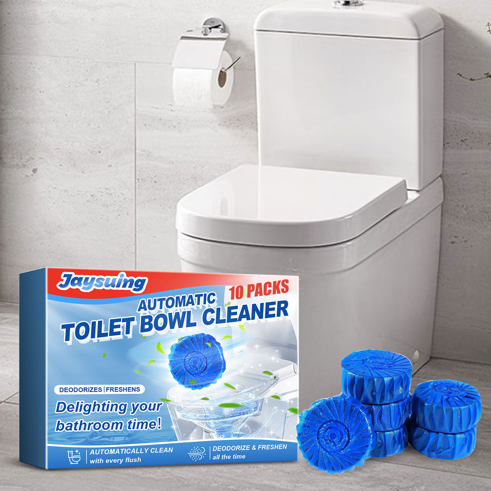 Toilet cleaner box staged beside a modern household toilet