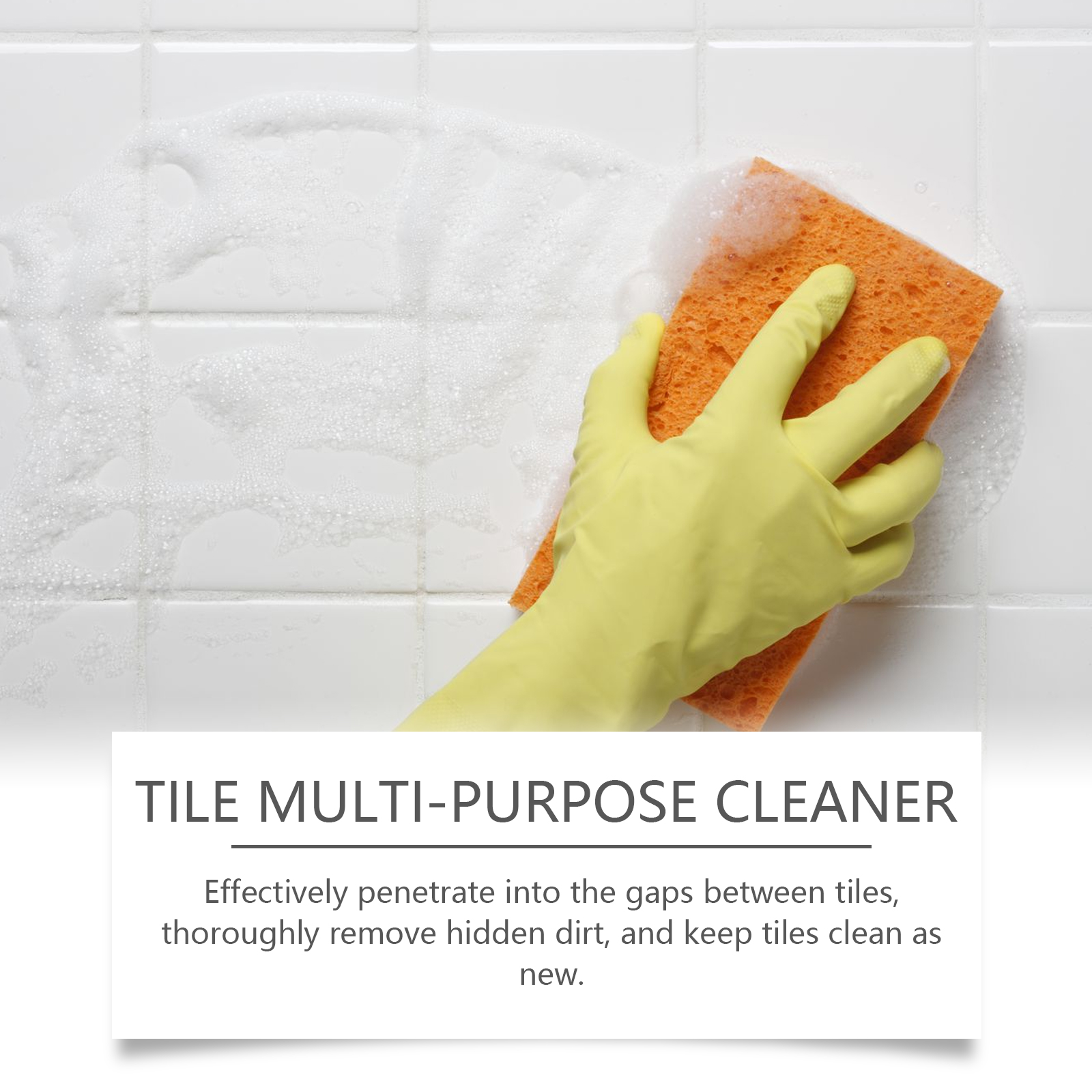 Gloved hand spraying cleaner across white wall tiles