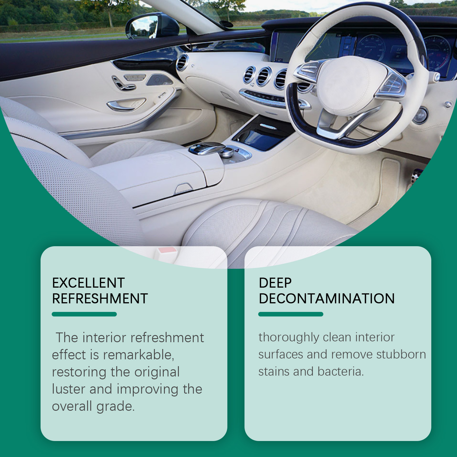 Car interior surfaces shown with cleaning claims
