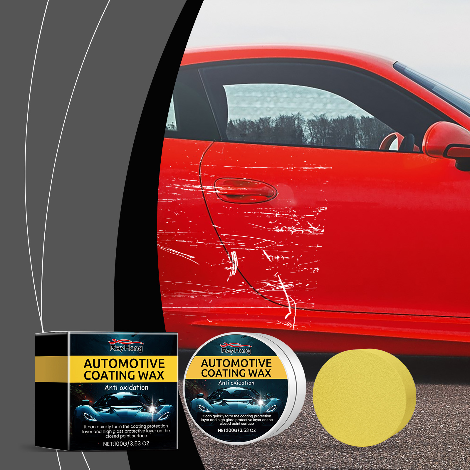 Automotive wax positioned beside scratched red paint
