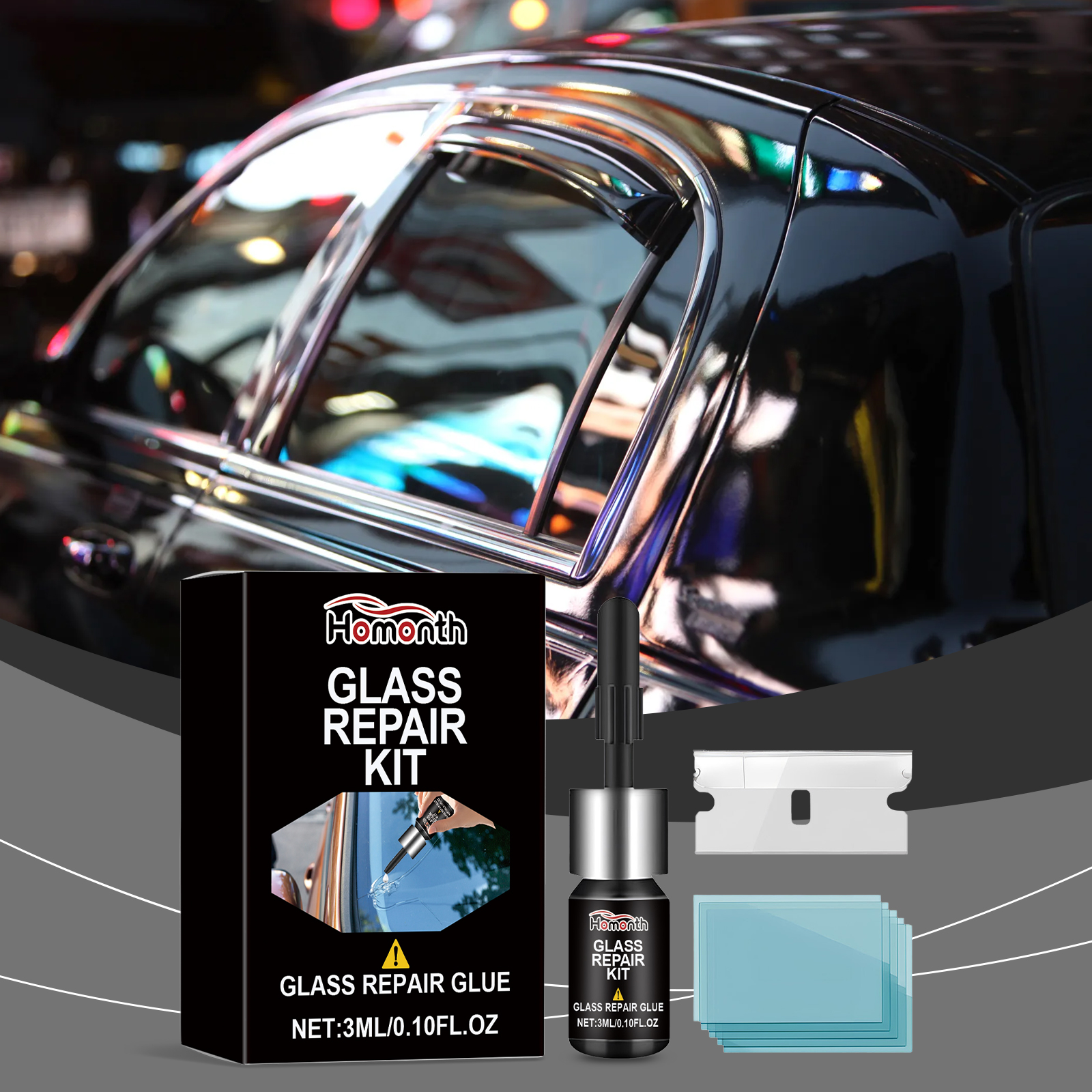 Glossy black car showing reflective windshield and side glass