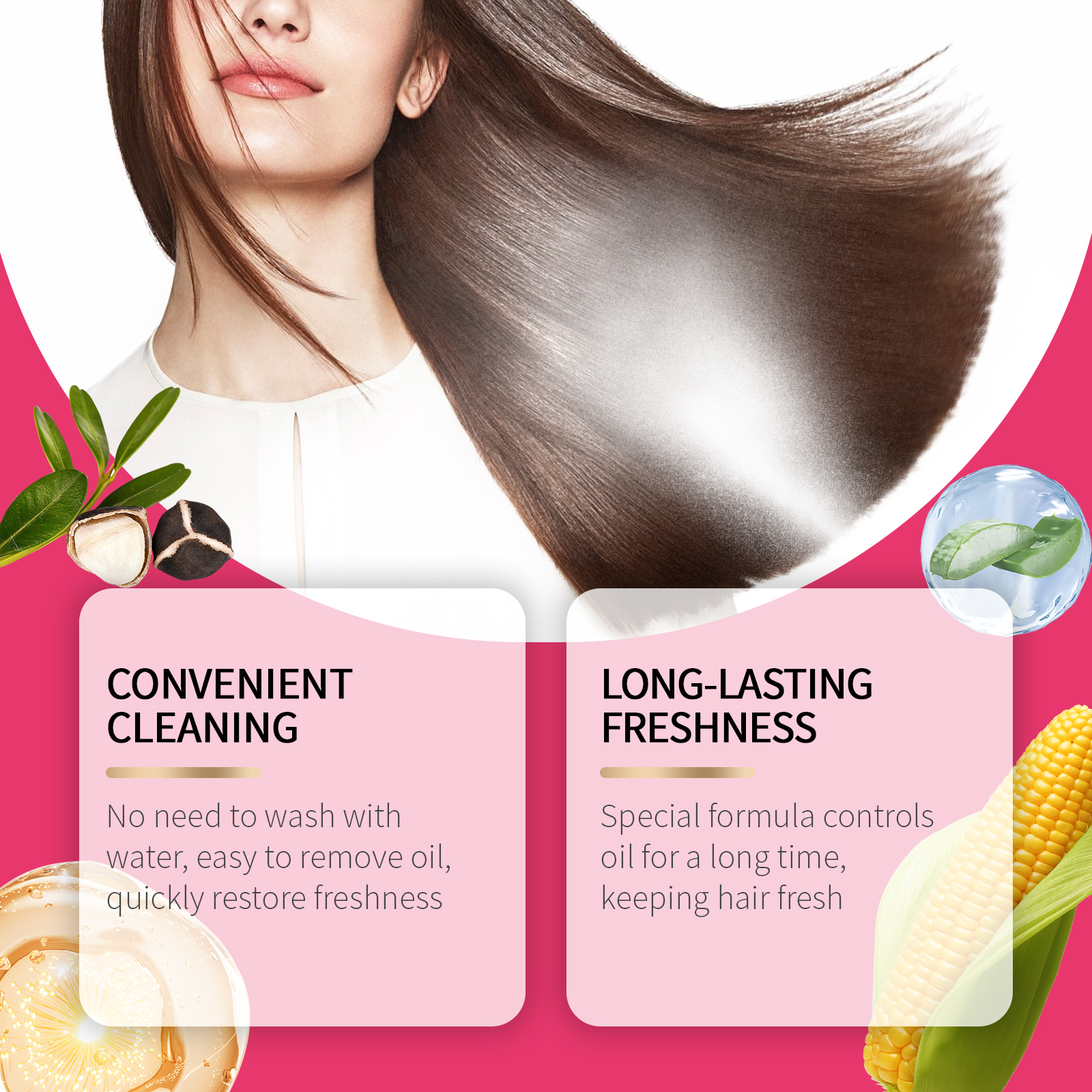 Woman with smooth hair beside freshness messaging