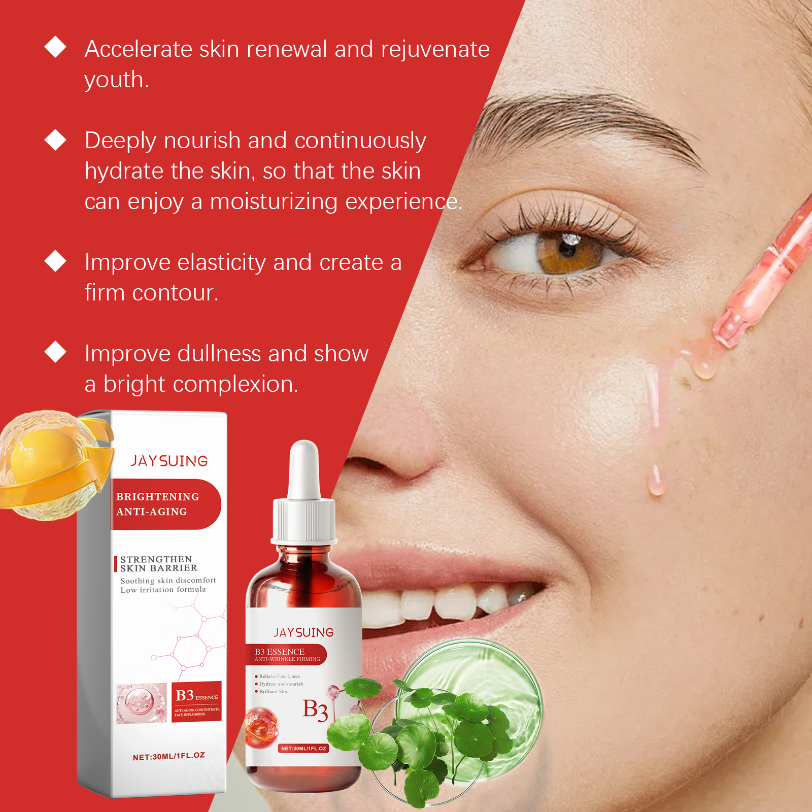 Serum drops applied near cheek with hydration claims