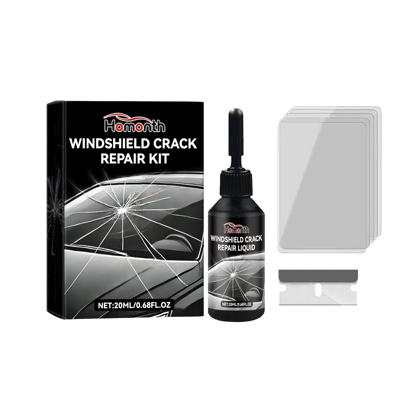 Black dropper bottle with windshield repair liquid