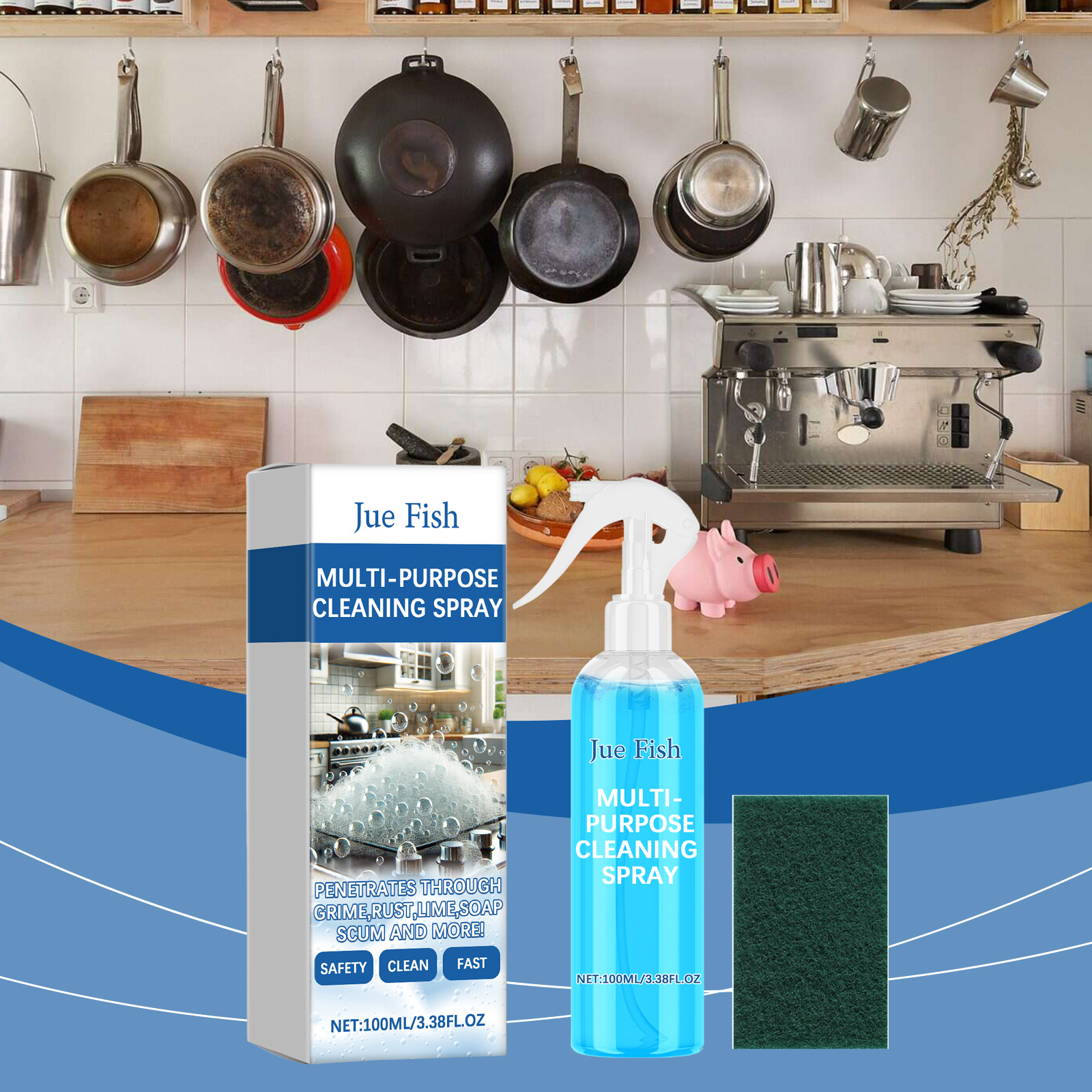Cleaning spray and scrub pad in practical kitchen setting