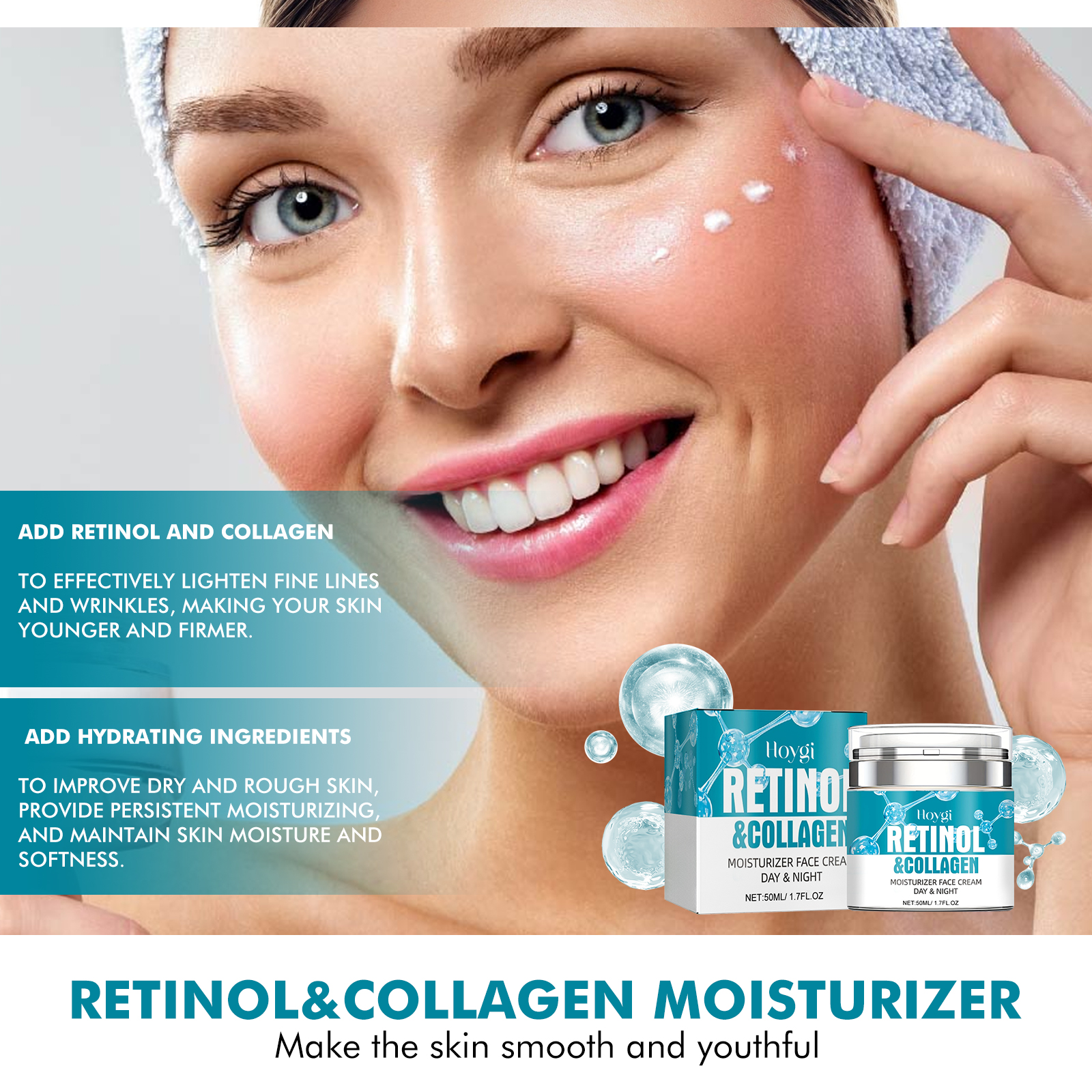 Woman applying cream dots to dry facial skin