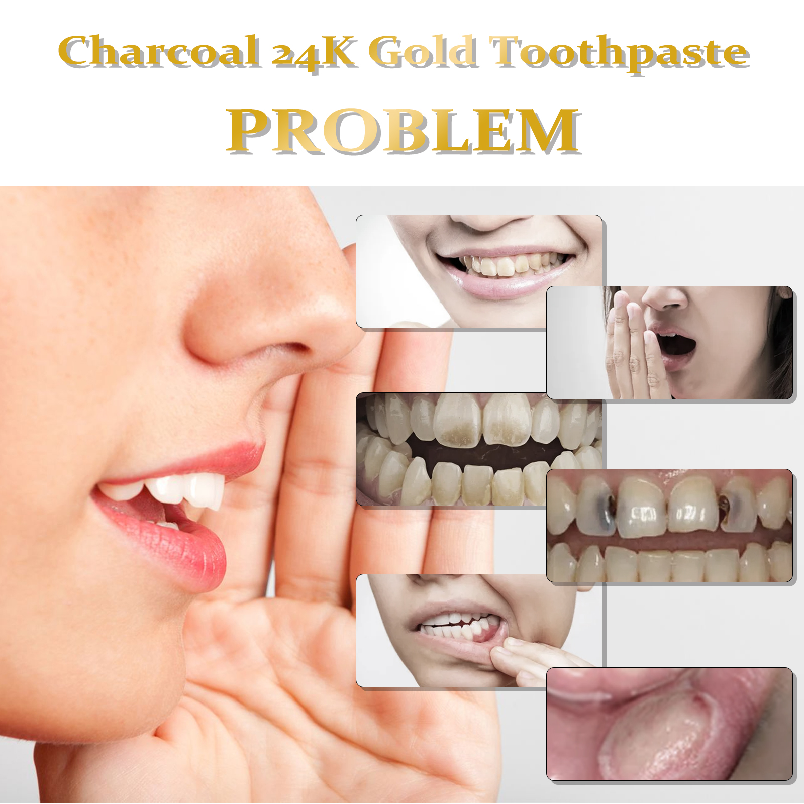 Close view of charcoal gold oral-care packaging graphics
