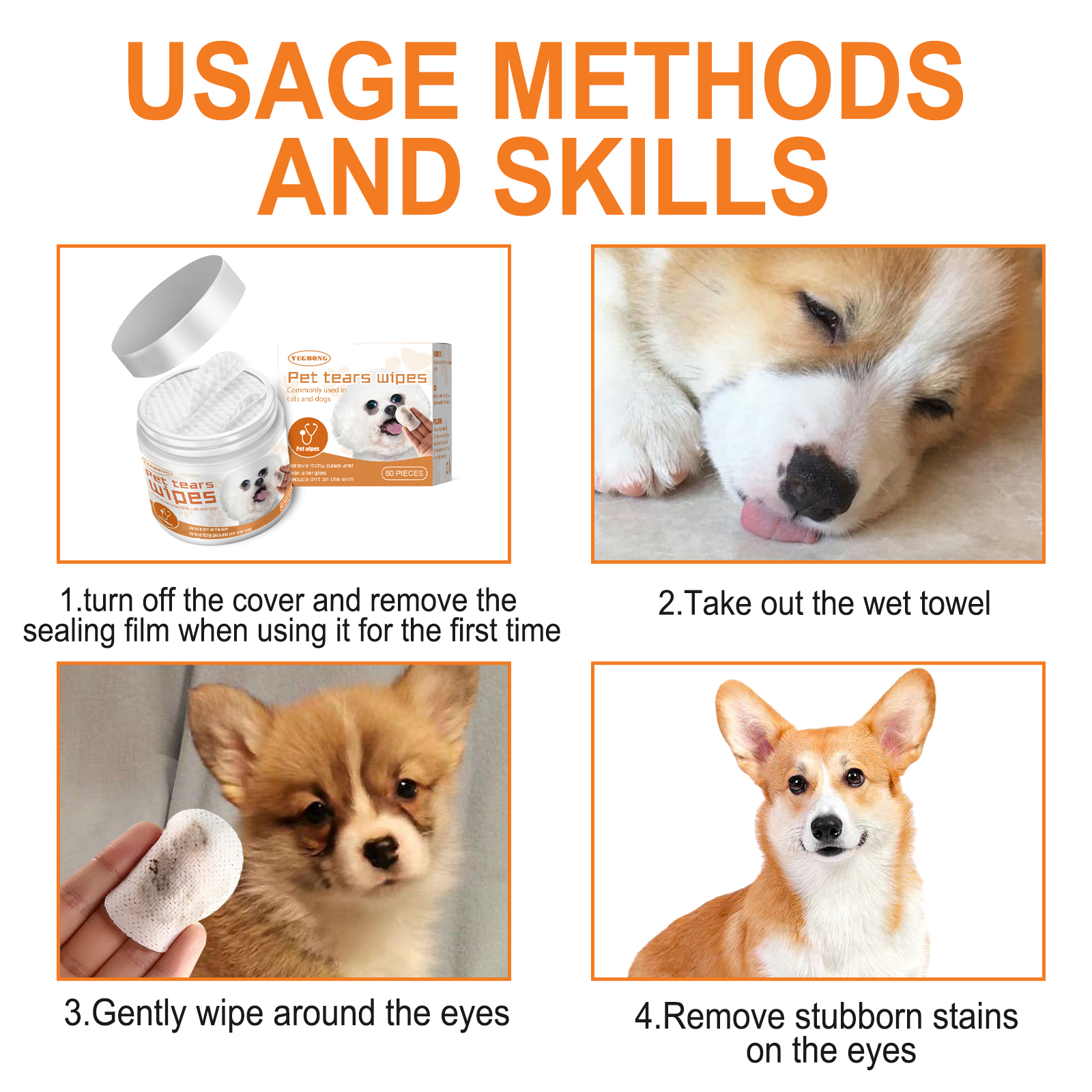 Hand using a pre-moistened wipe around puppy eye