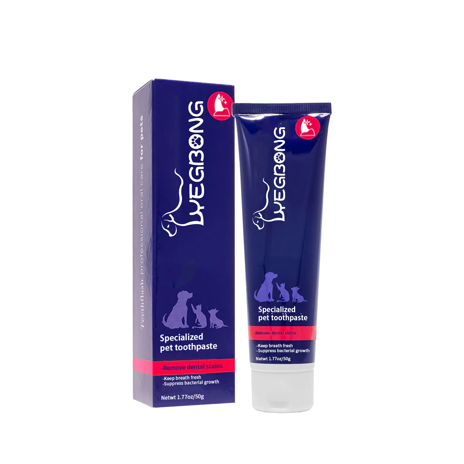 Front-facing pet toothpaste tube and carton detail
