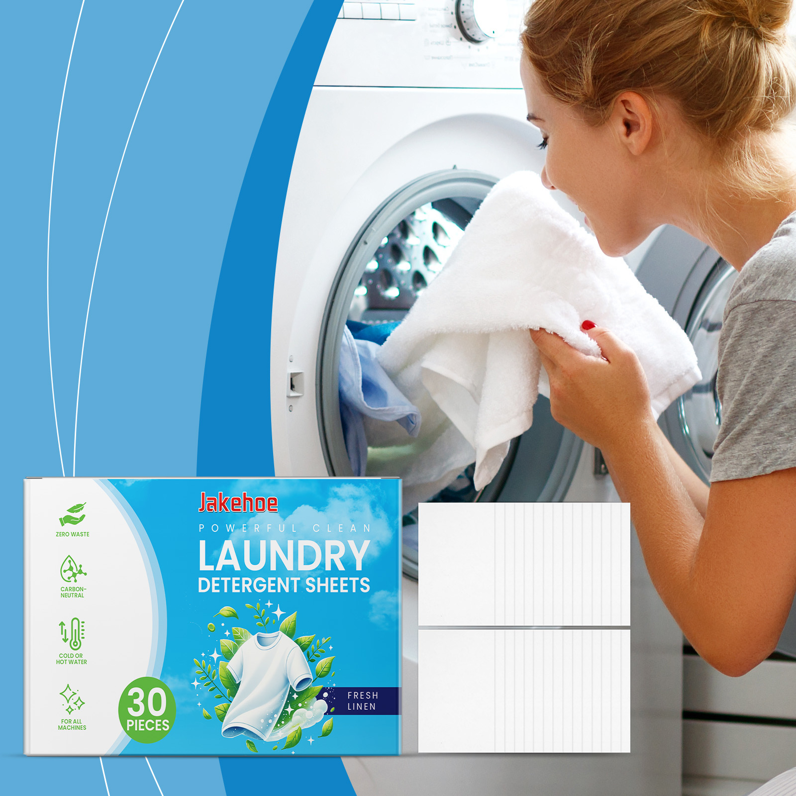 Woman loading laundry beside detergent sheets