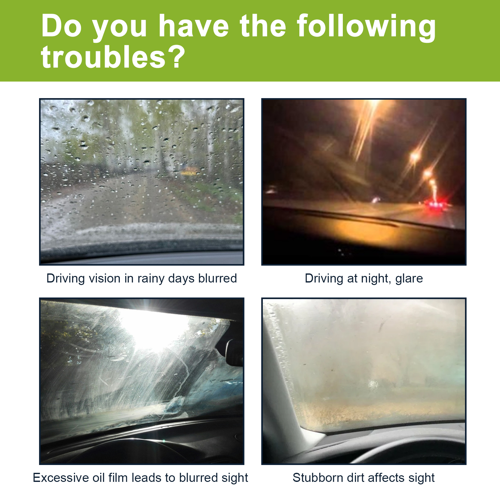 Rain glare and haze affecting automotive windshield visibility
