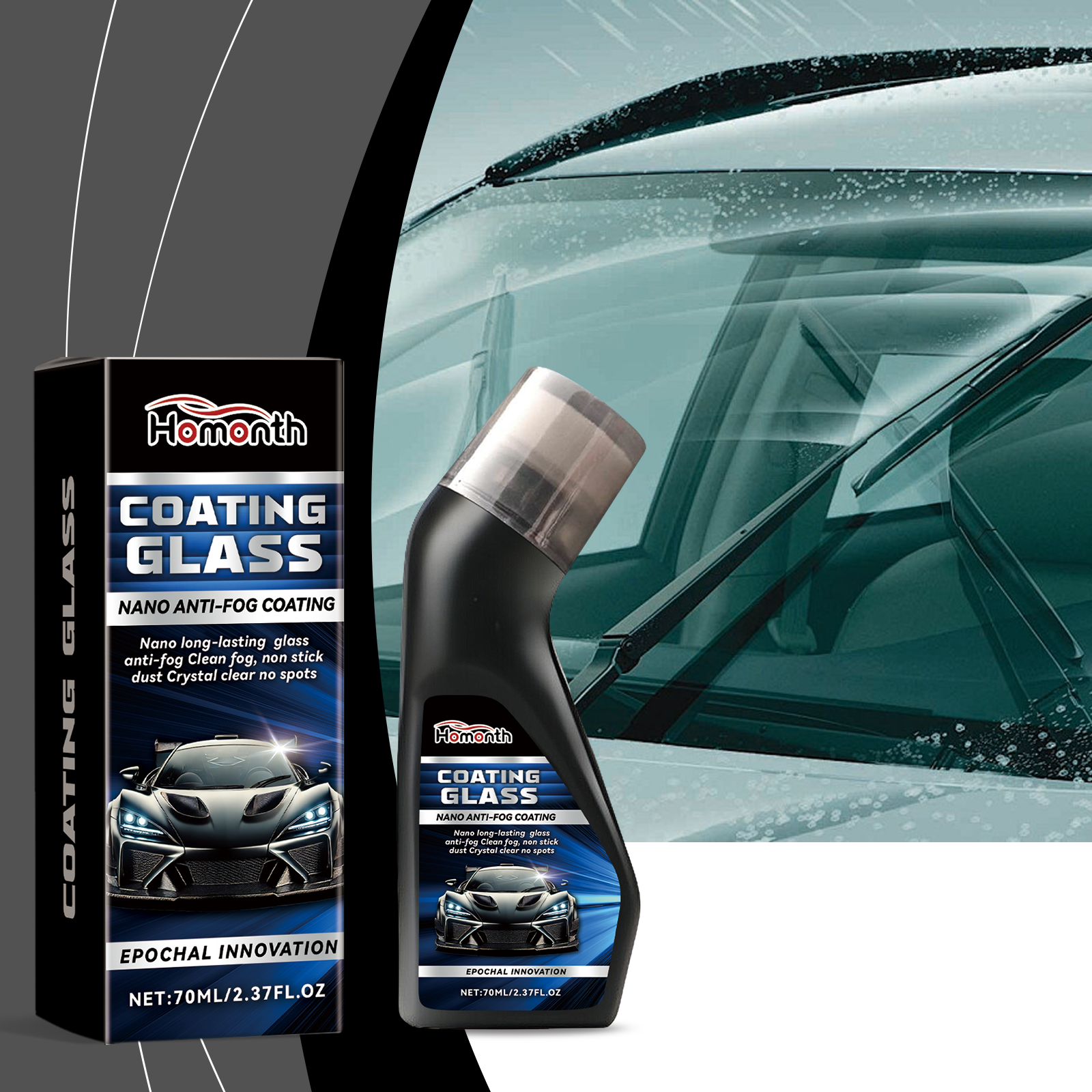 Windshield coating bottle beside automotive glass