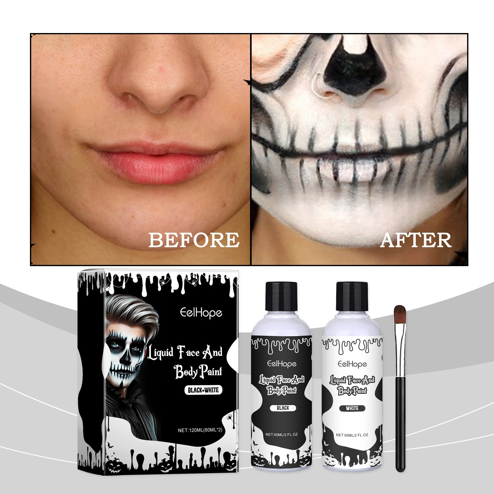 Skull makeup transformation using black and white face paint
