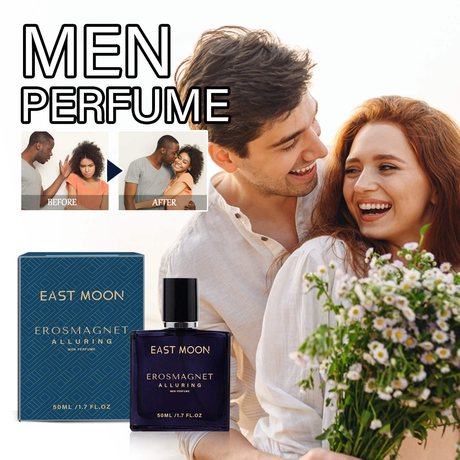 EAST MOON fragrance shown in a romantic date-night setting