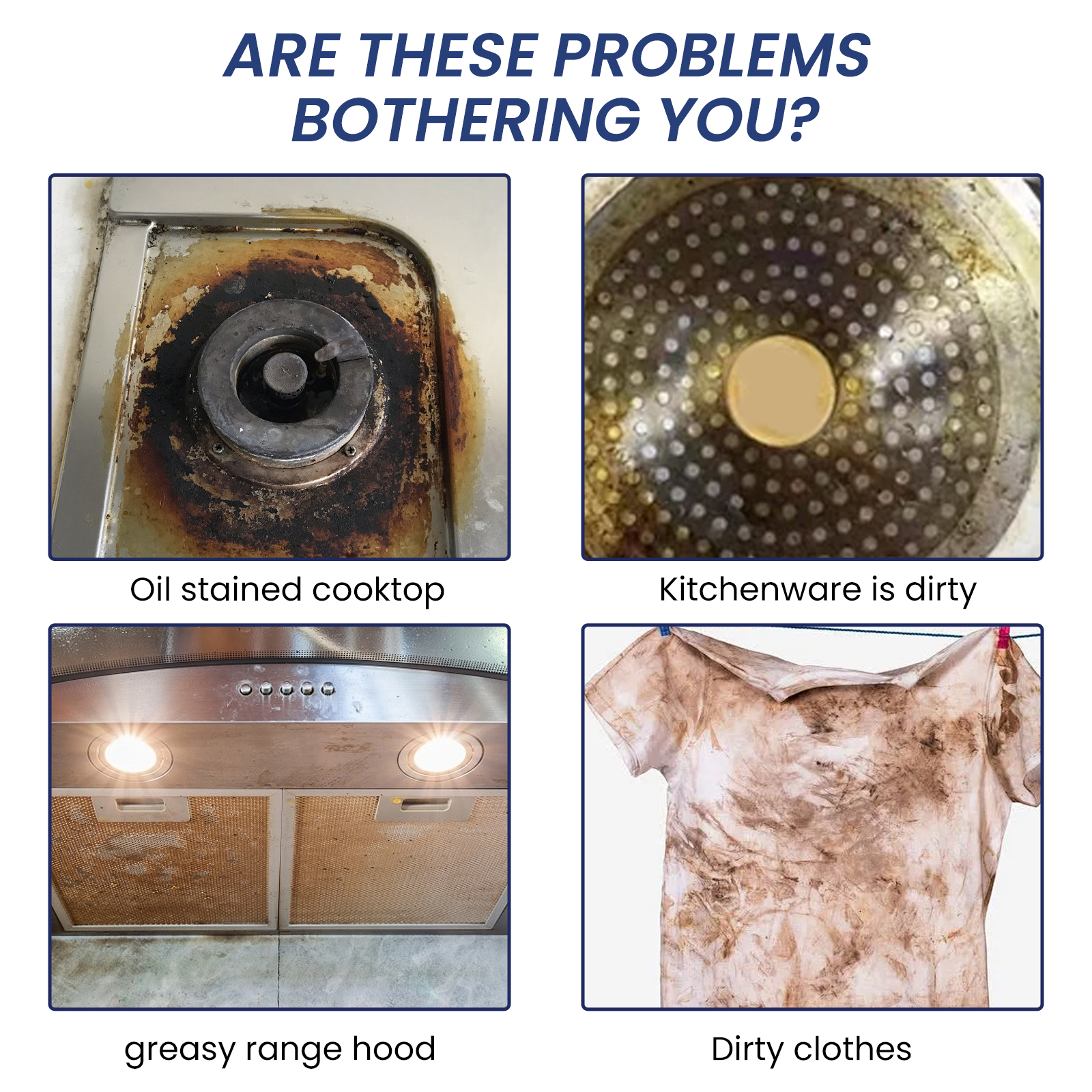 Oil stains kitchenware range hood and clothing examples