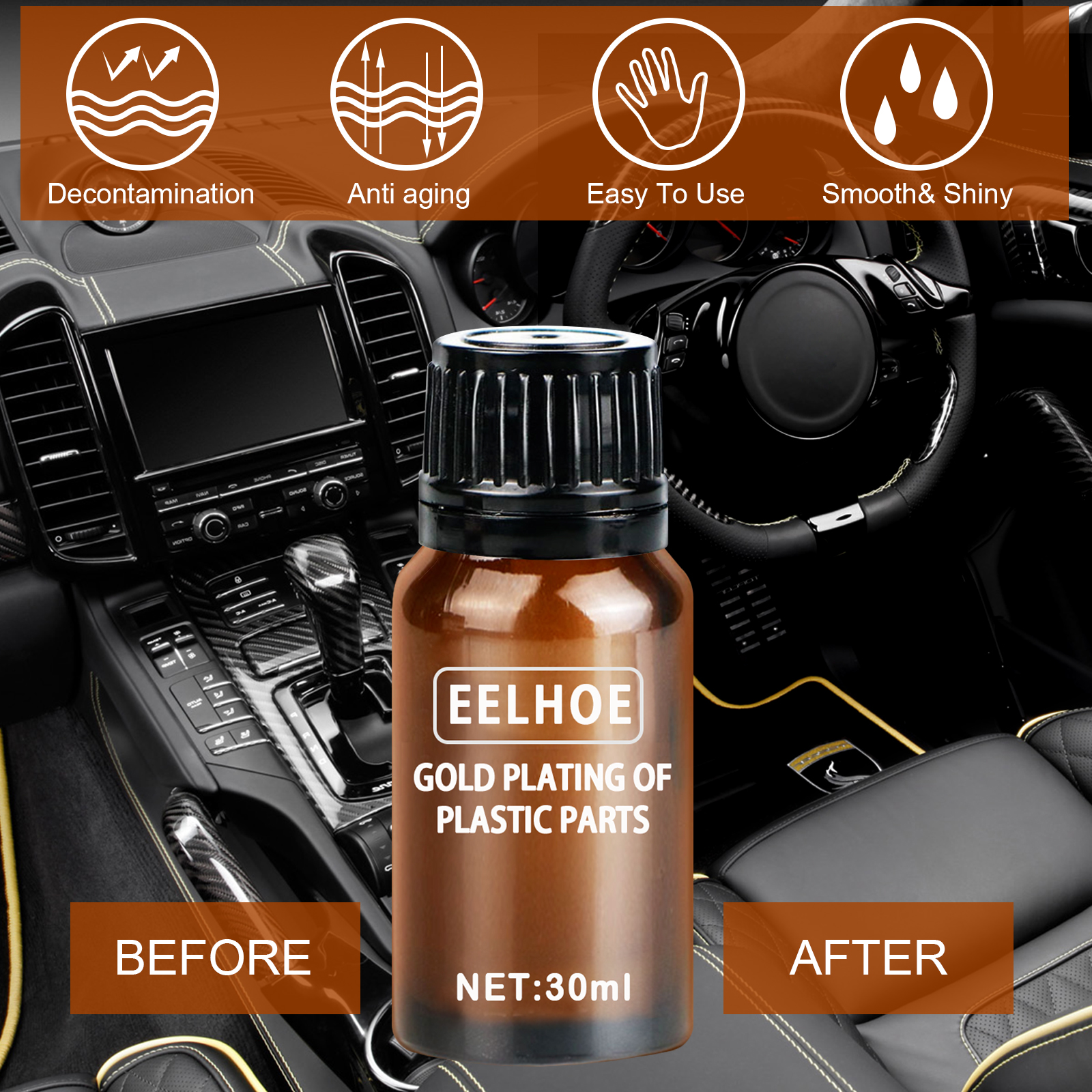 Before and after view of refreshed automotive interior plastic