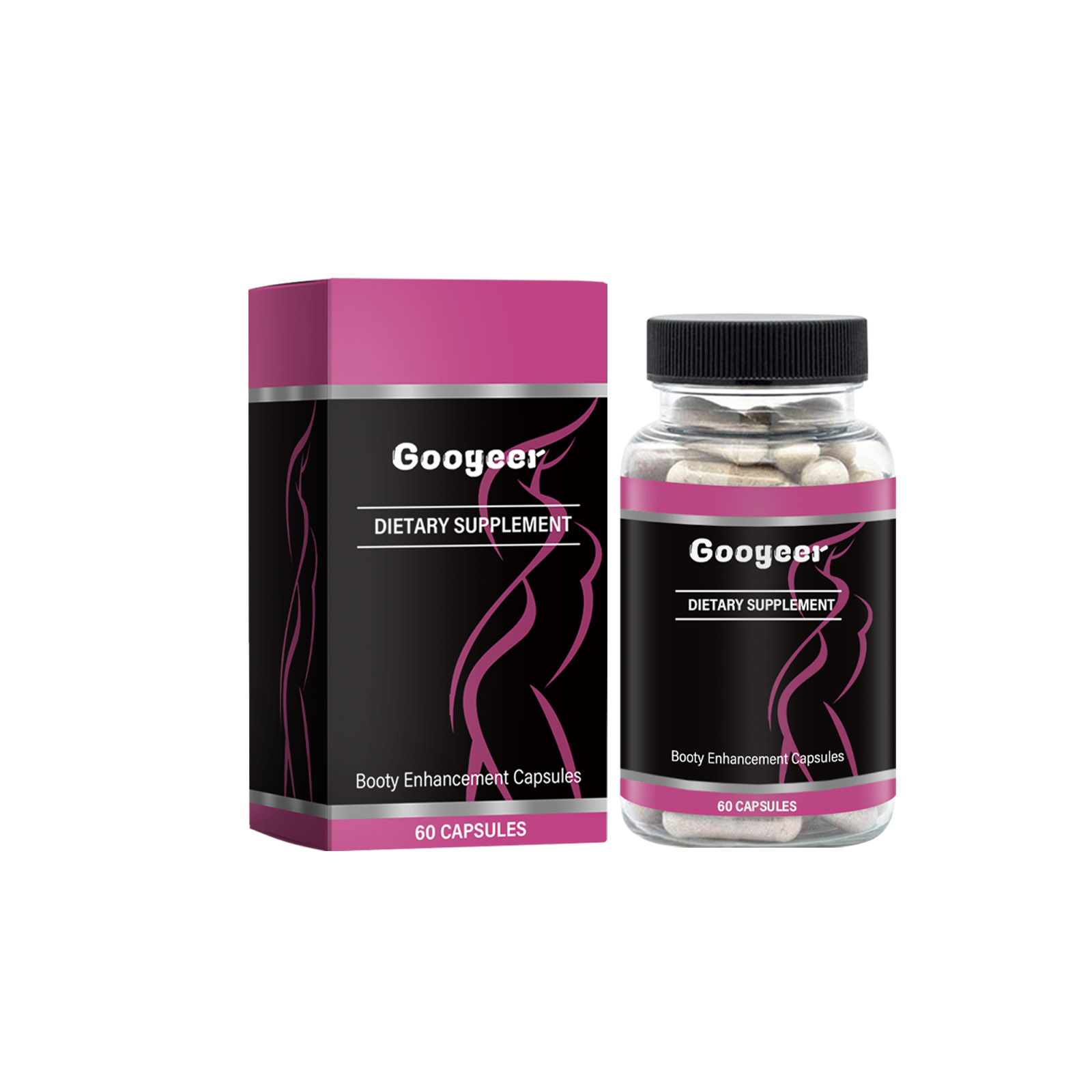 Googeer Booty Enhancement Capsules product shot on cream linen, showing branded box and clear plastic jar with 60 white capsules, hot-pink and black color scheme