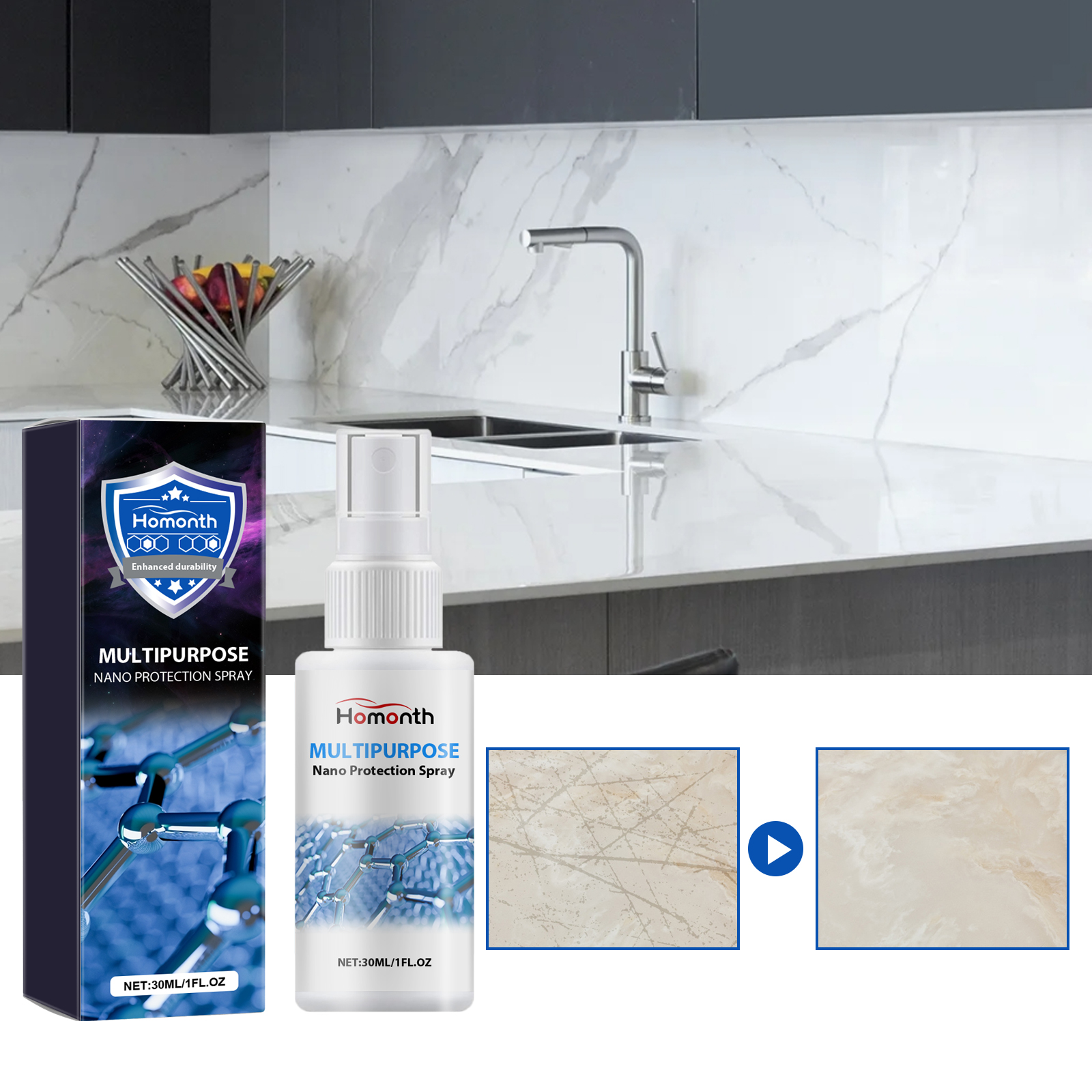 Surface comparison panels beside spray bottle