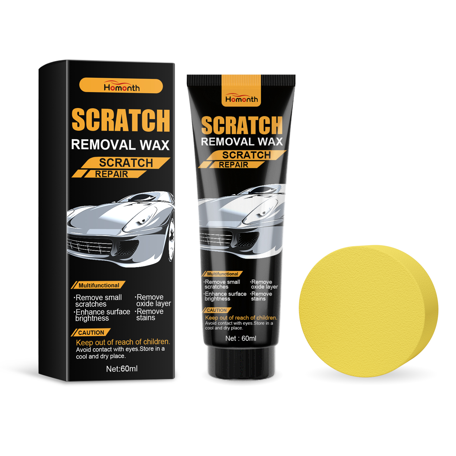Glossy black car paint packaging highlighting shine restoration claims