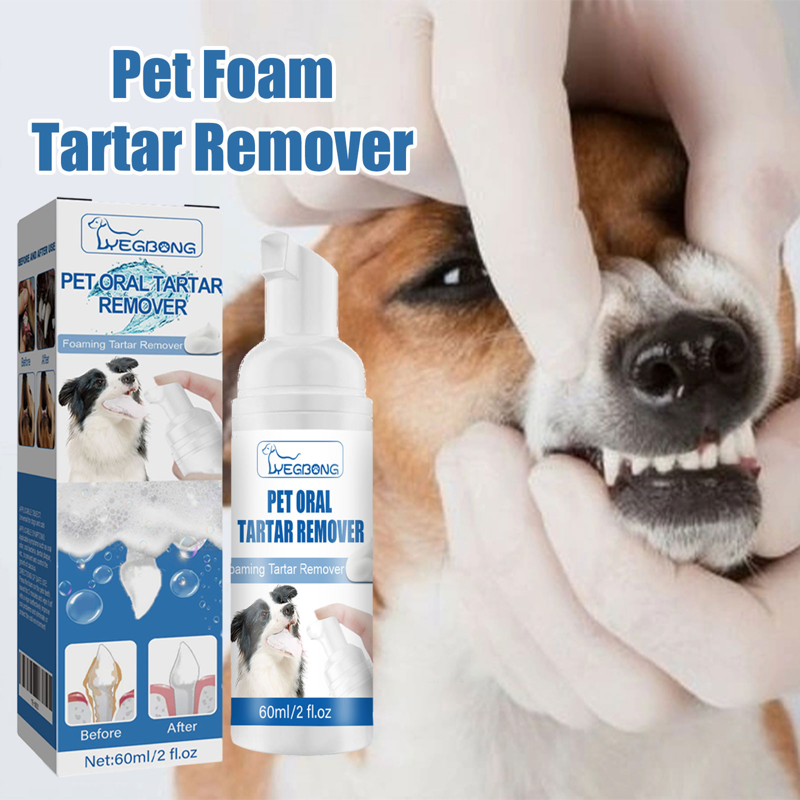 Gloved owner applying pet dental foam gently
