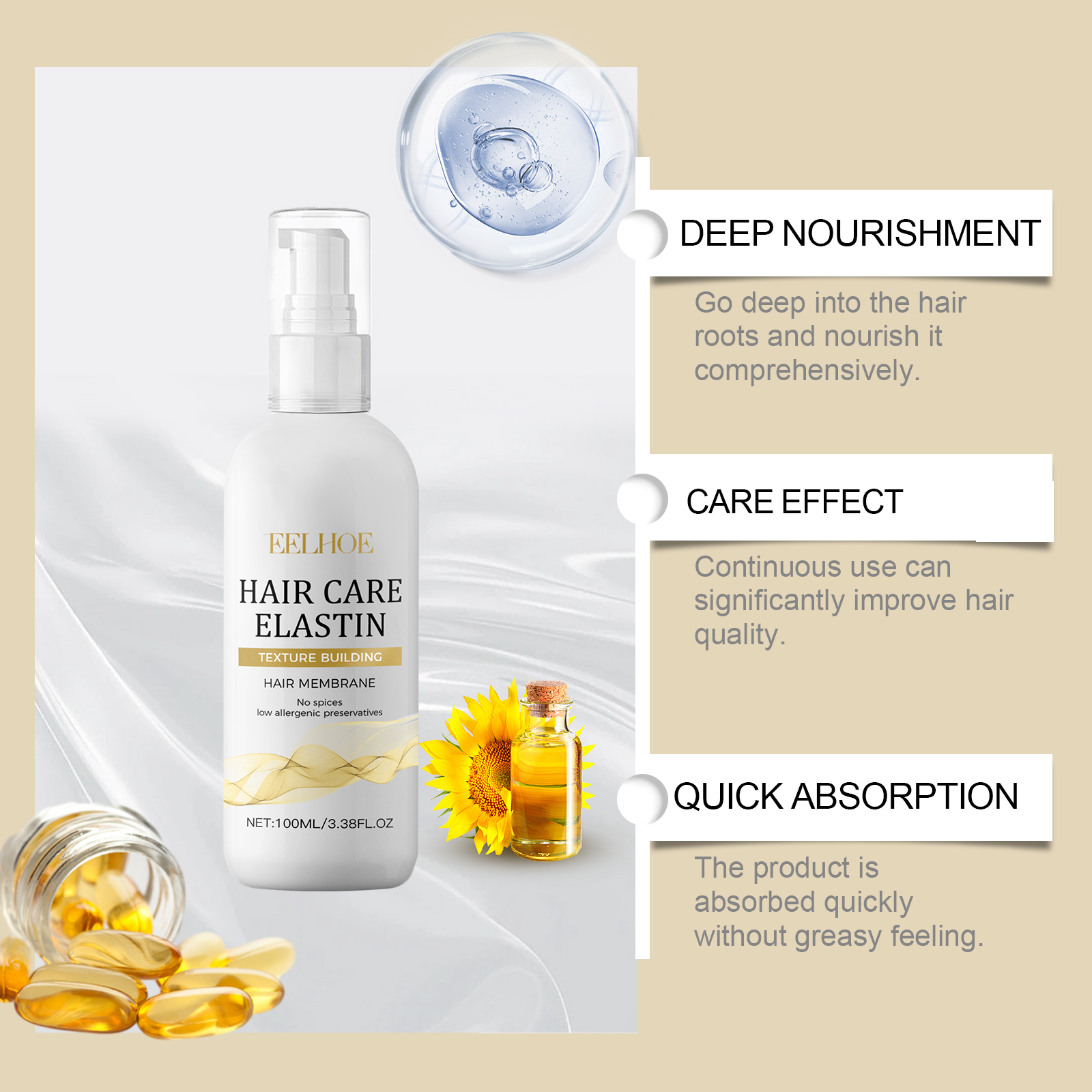 Hair elastin bottle with deep nourishment visual