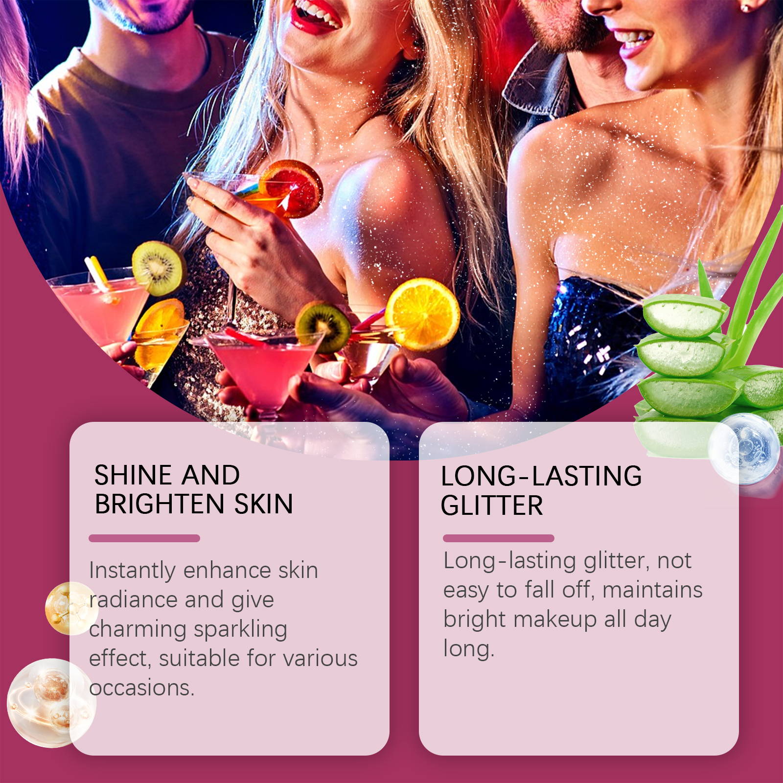 Partygoers wearing shimmering hair and body makeup
