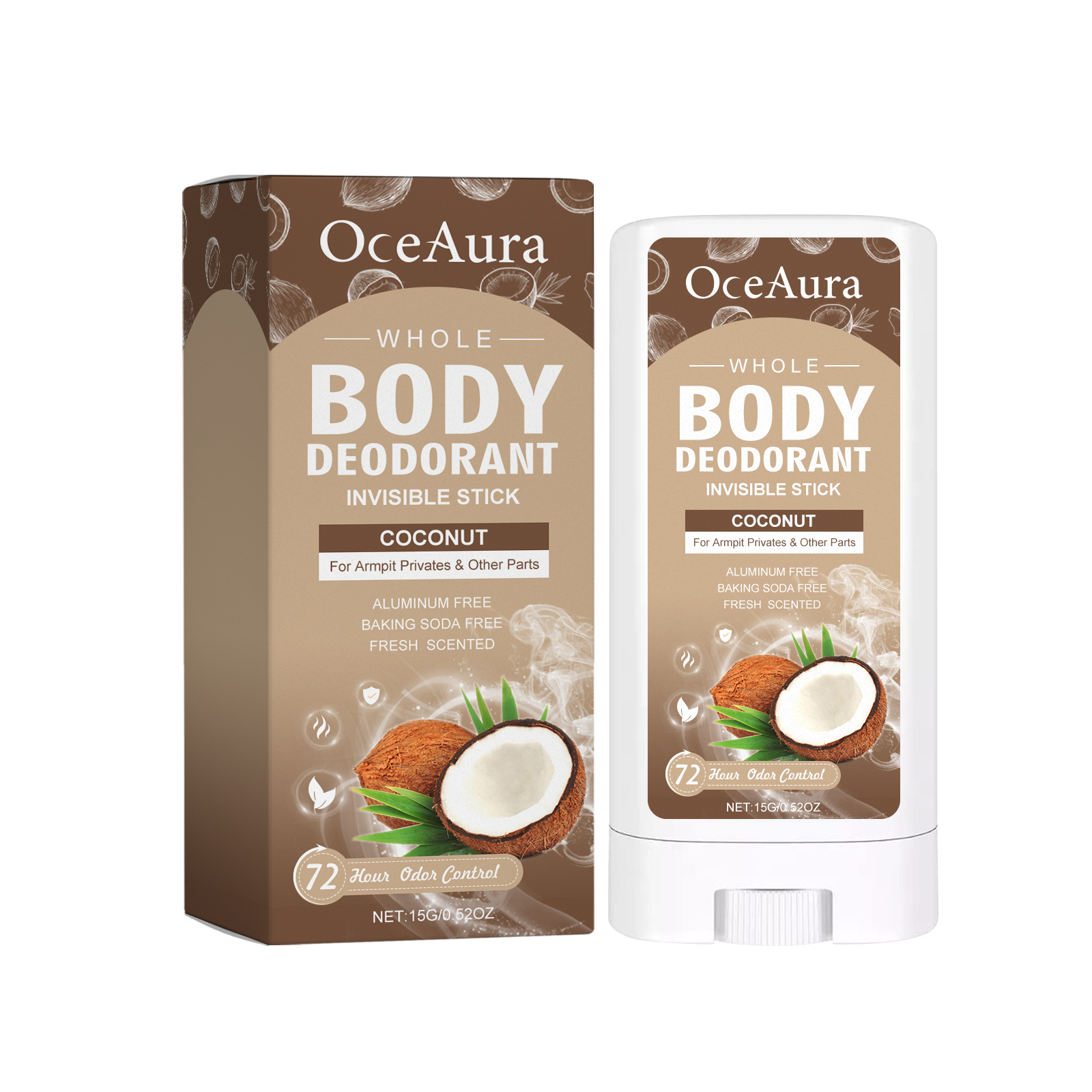 Coconut deodorant packaging with formula claims