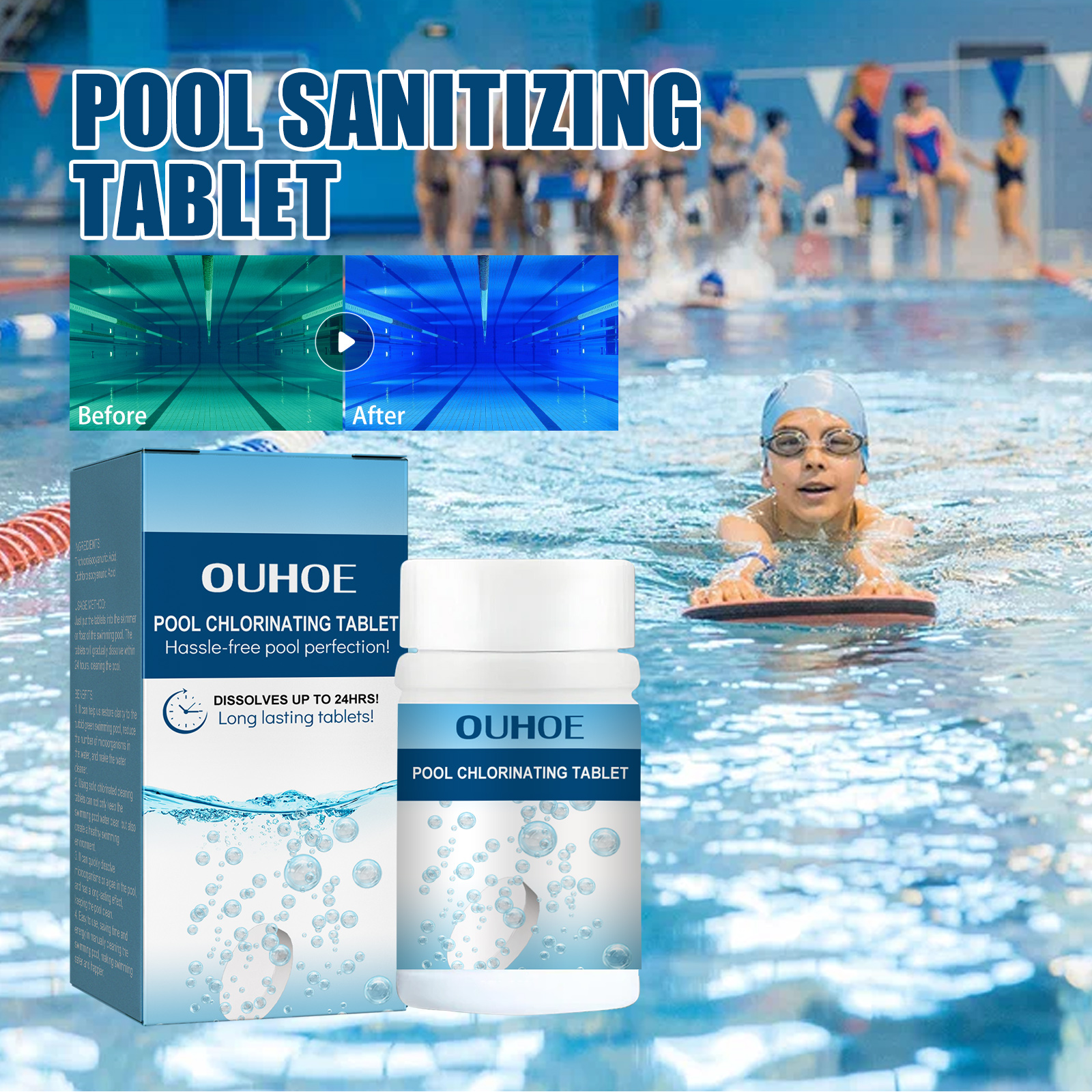 OUHOE pool tablet packaging beside blue water