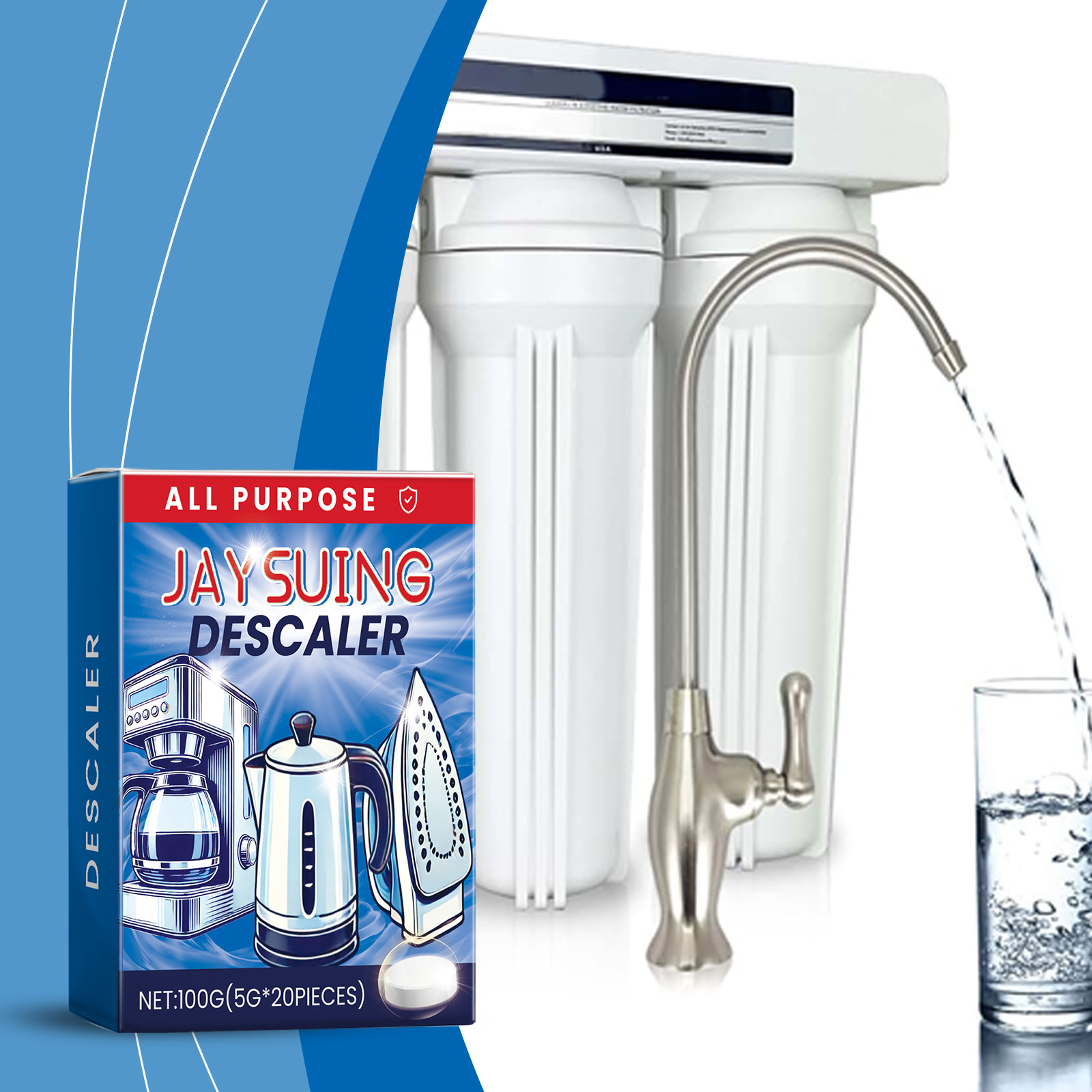 Descaler carton beside a water filtration system