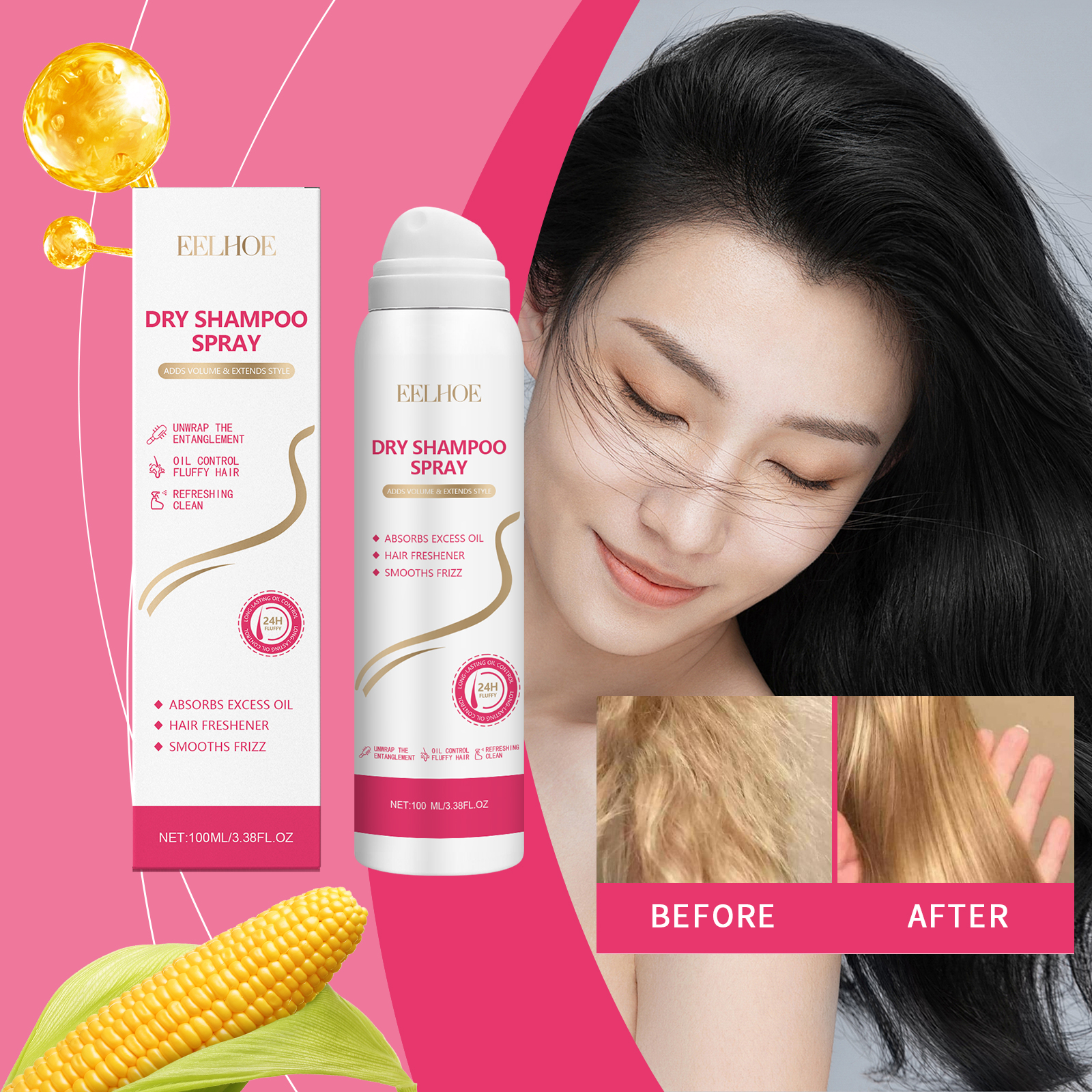 Before and after hair refresh beside spray