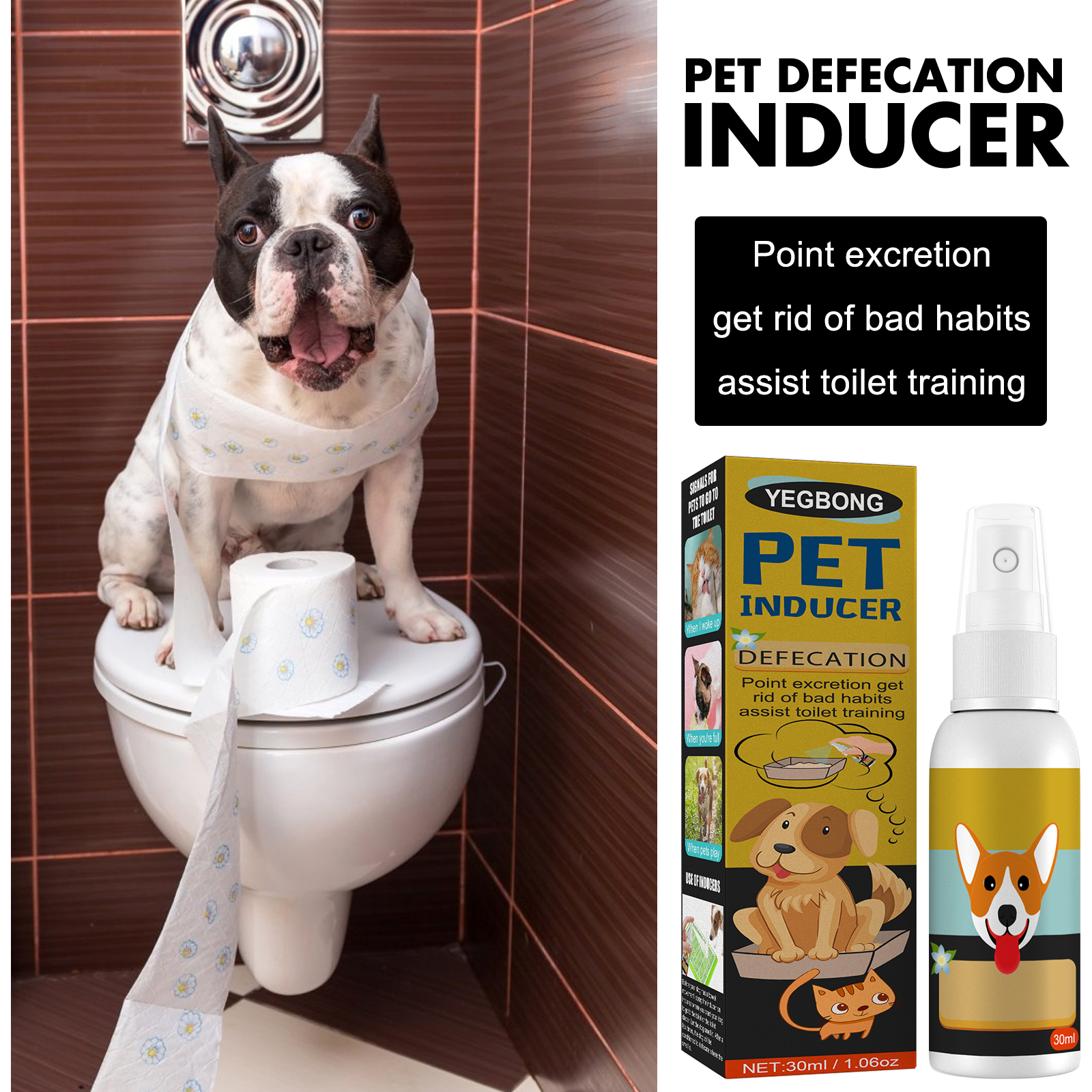 Pet training spray shown beside toilet scene