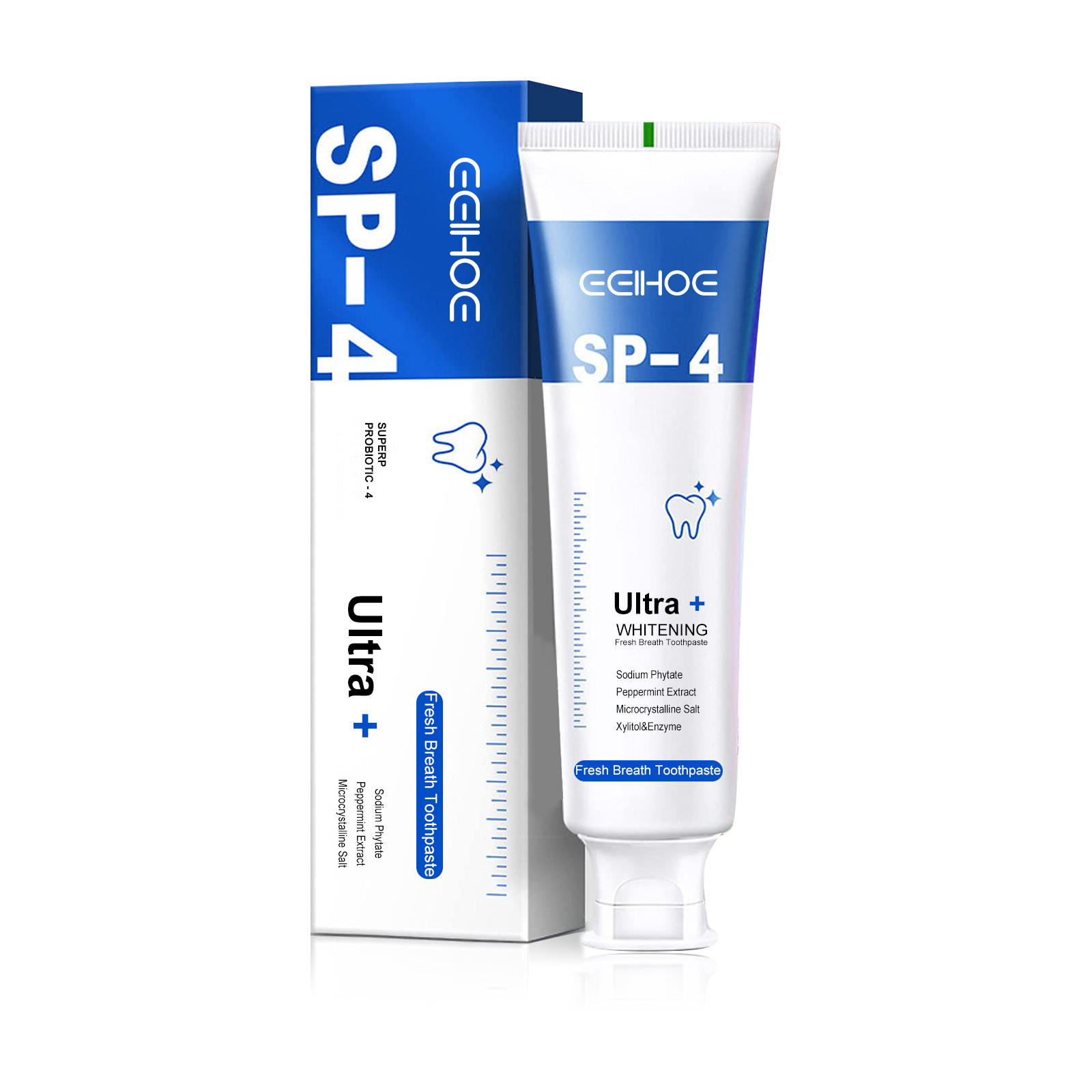 Blue SP-4 toothpaste tube and carton with flip-top cap