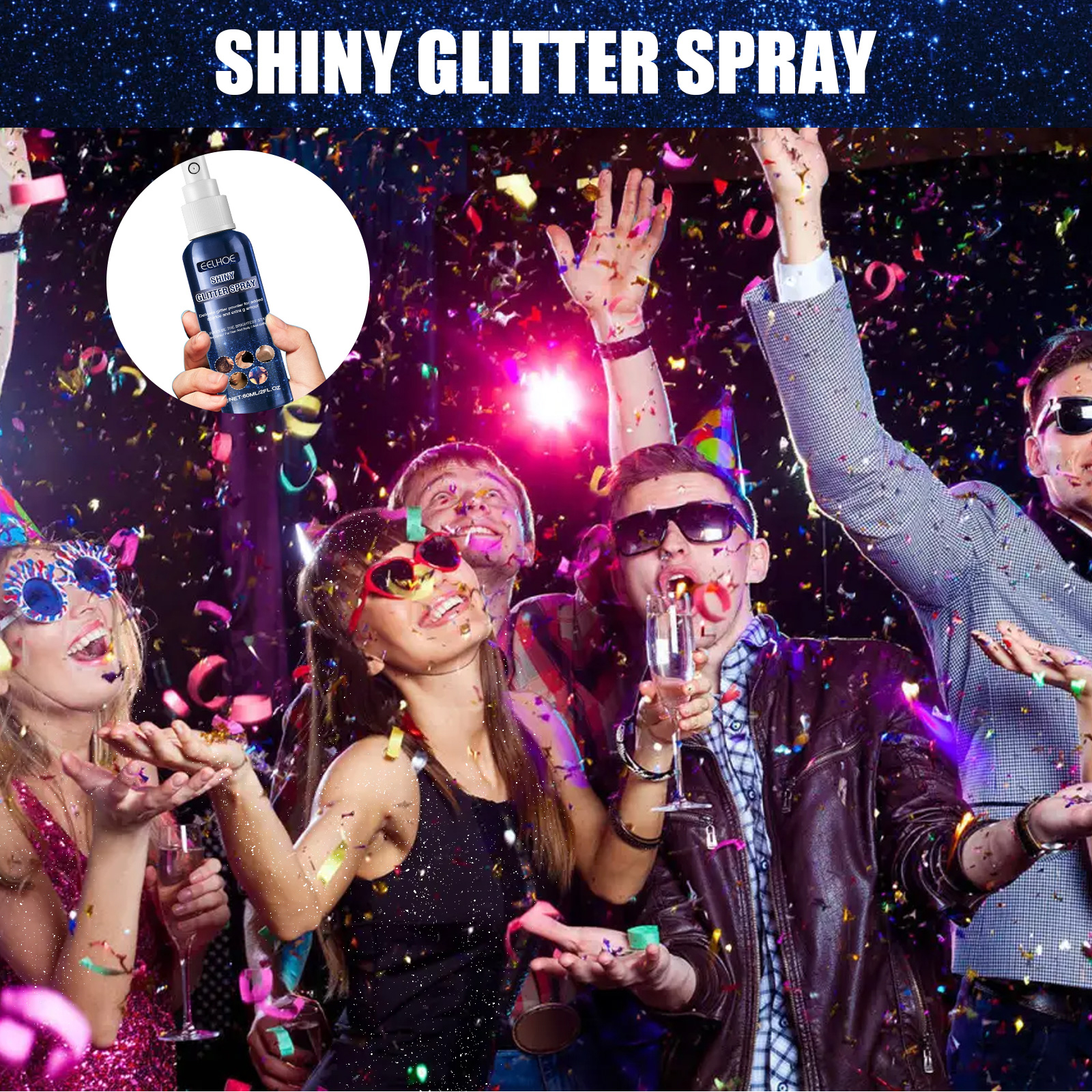 Glitter highlights shown across hair skin and clothes