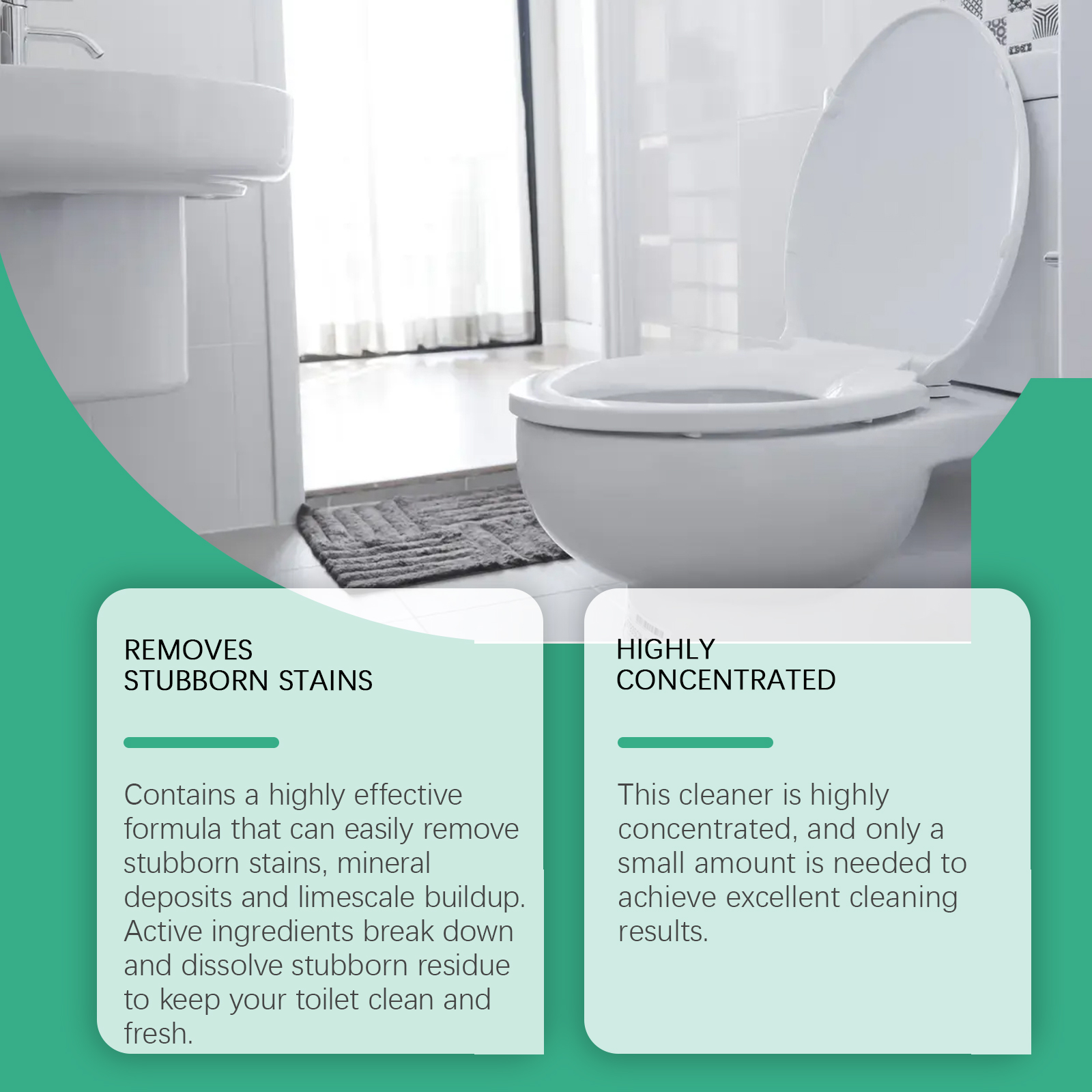 Bright toilet scene showing stubborn stain removal claims