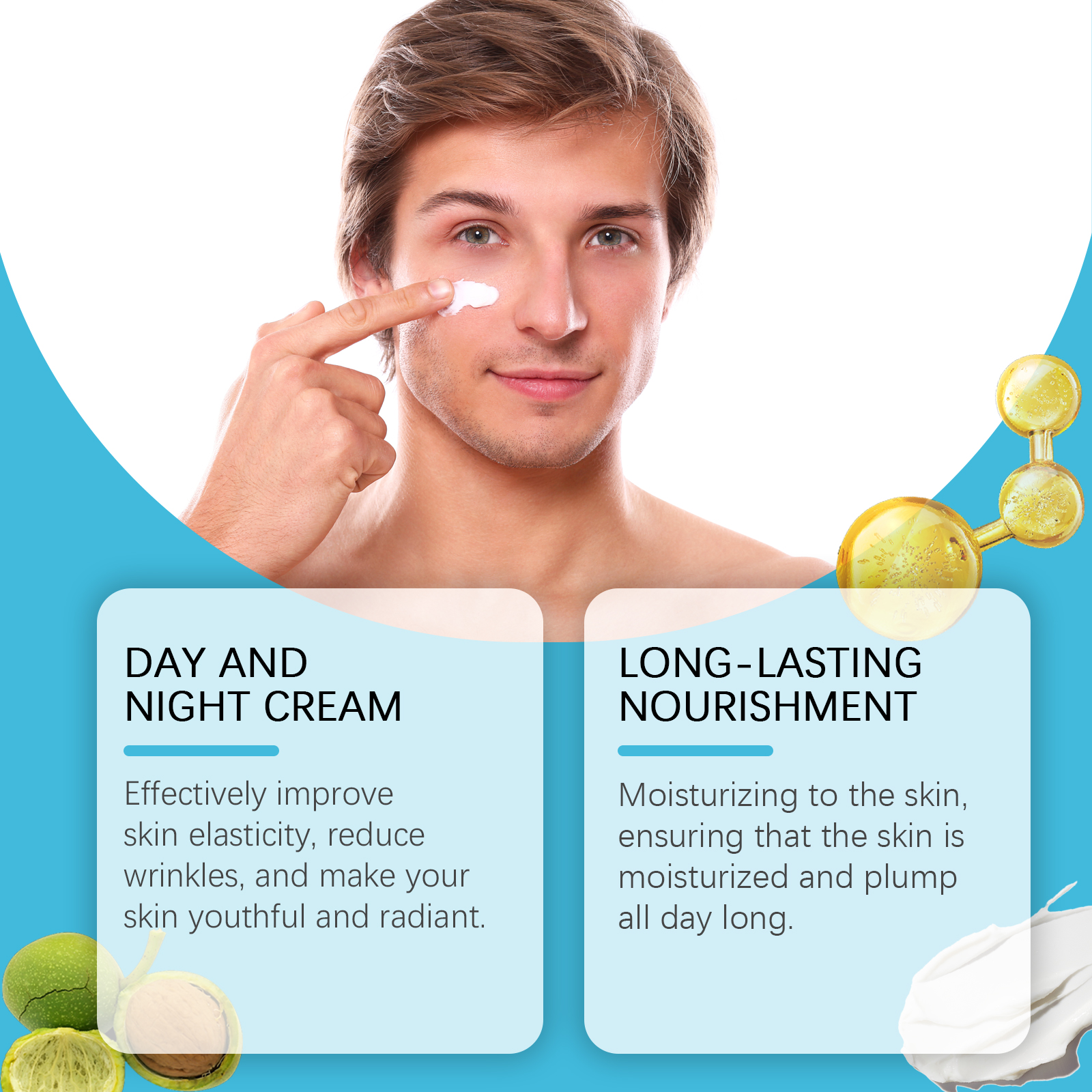 Man smoothing white facial cream across cheek