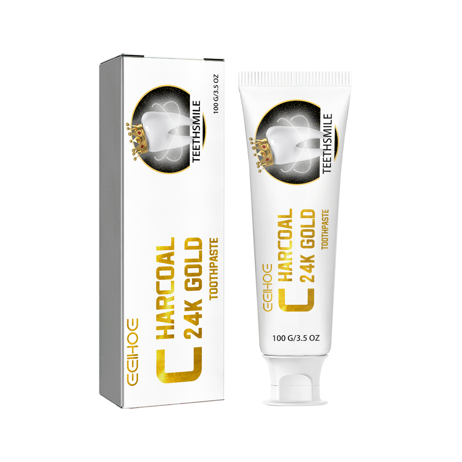 Front view of toothpaste tube and gold-accented carton