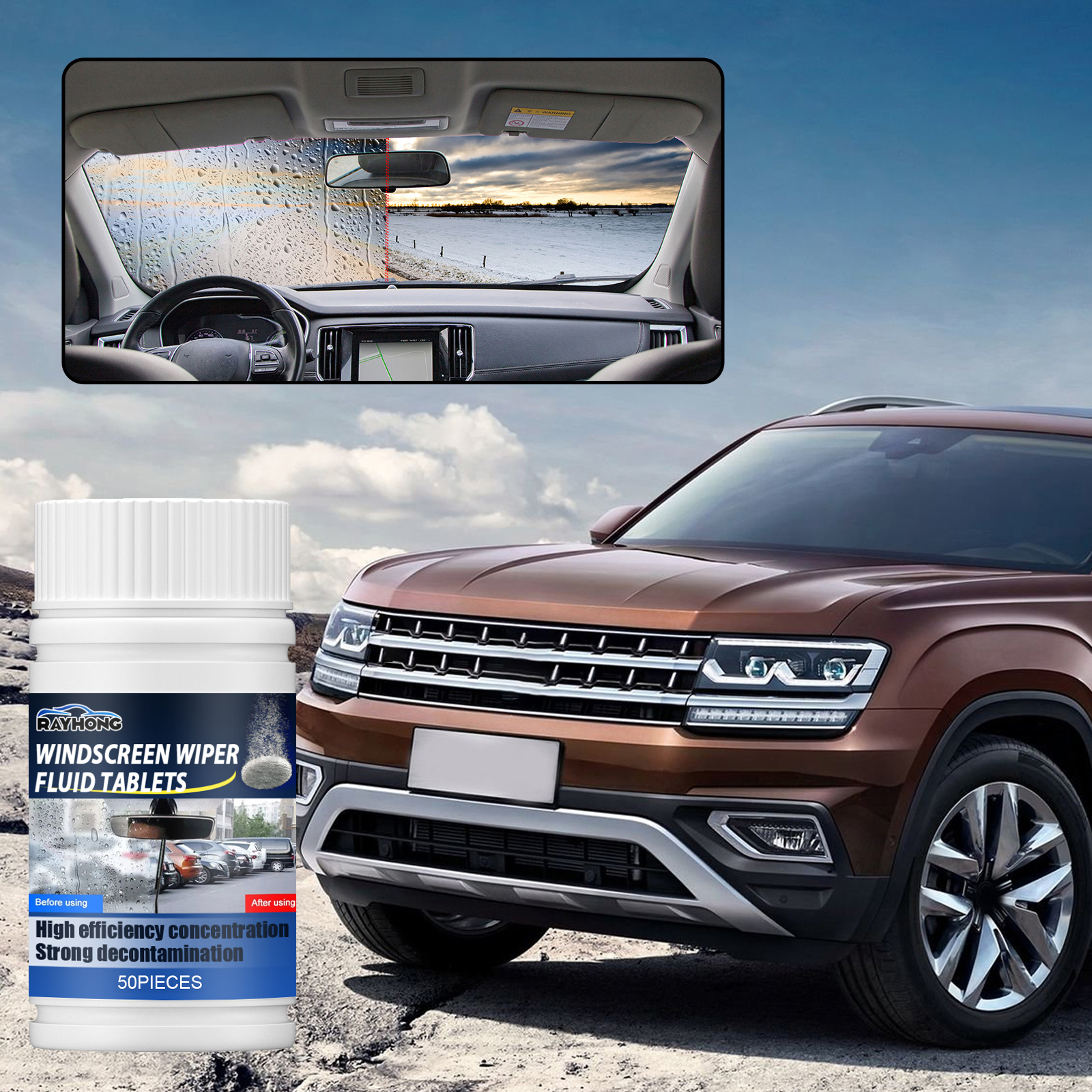 Windshield cleaning tablet bottle beside brown SUV