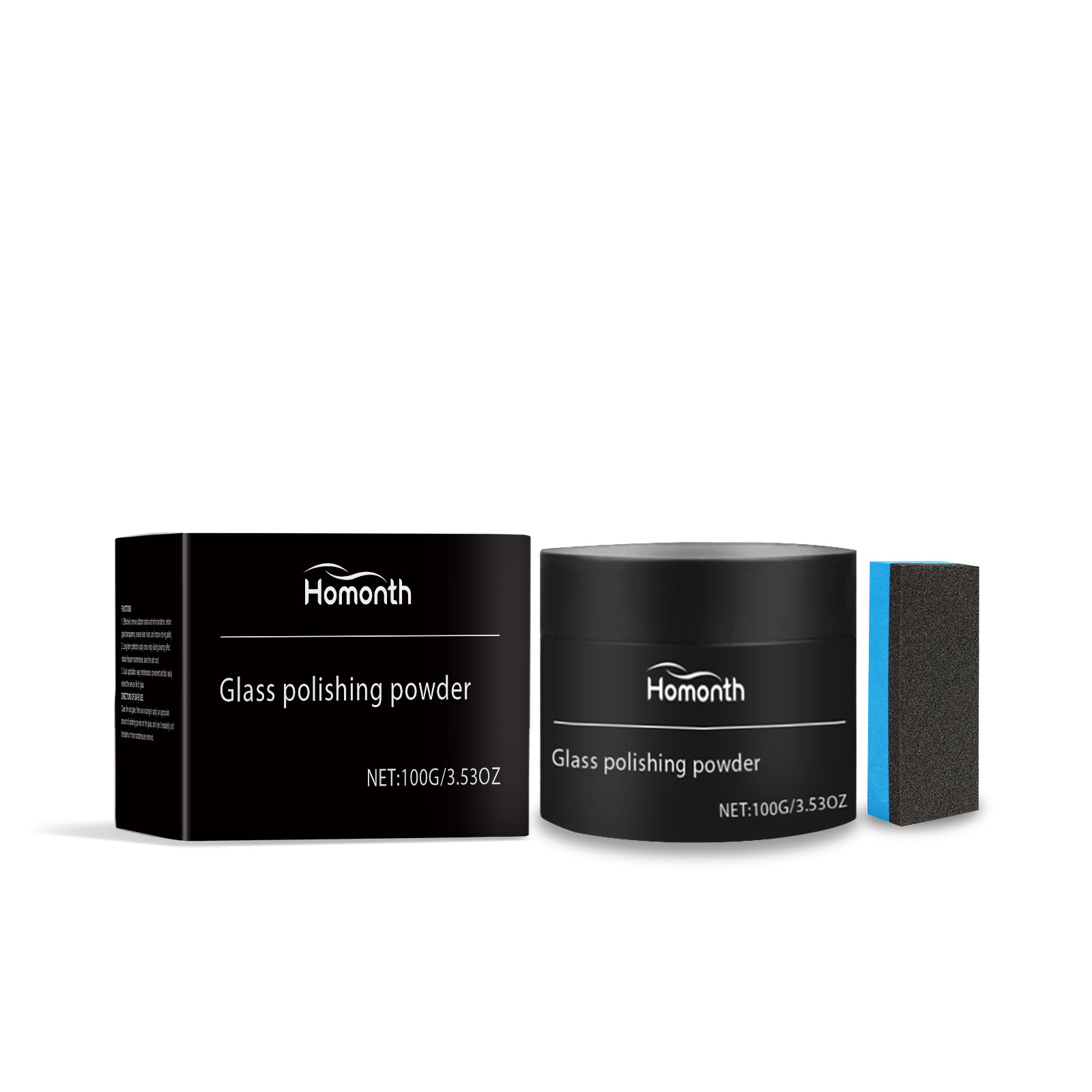 Matte black glass polishing powder jar and sponge