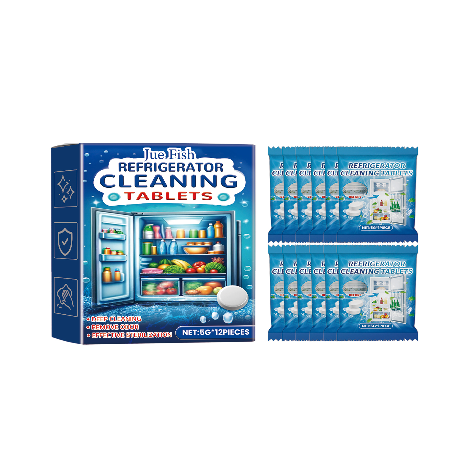 Blue sachets and refrigerator cleaning tablet carton