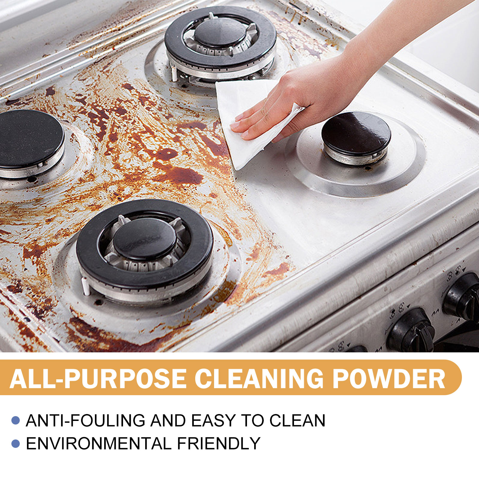 Hand wiping greasy cooktop with cleaning powder