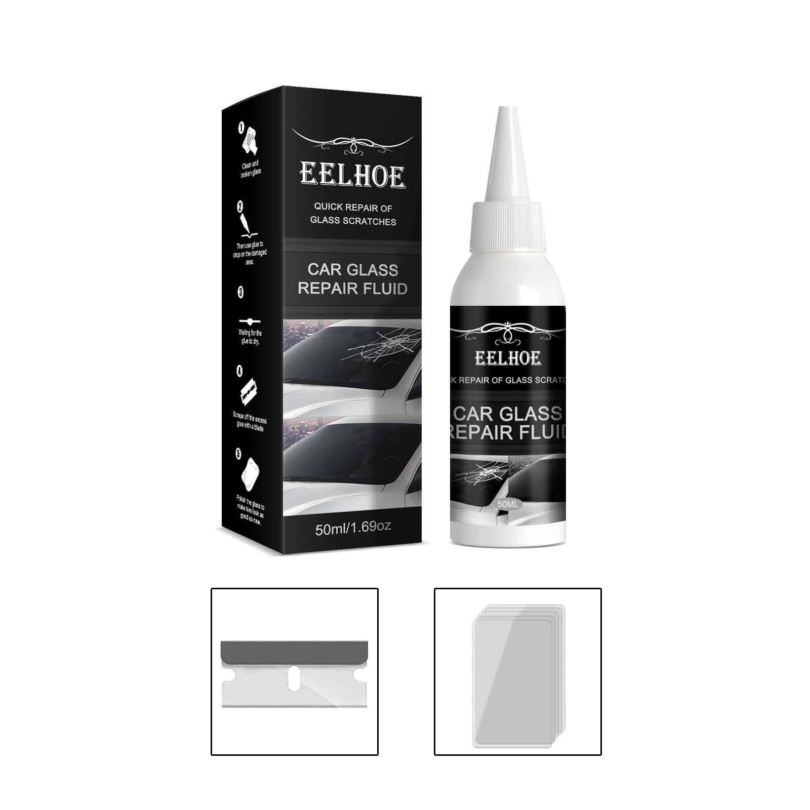Boxed windshield repair kit with bottle and two application tools