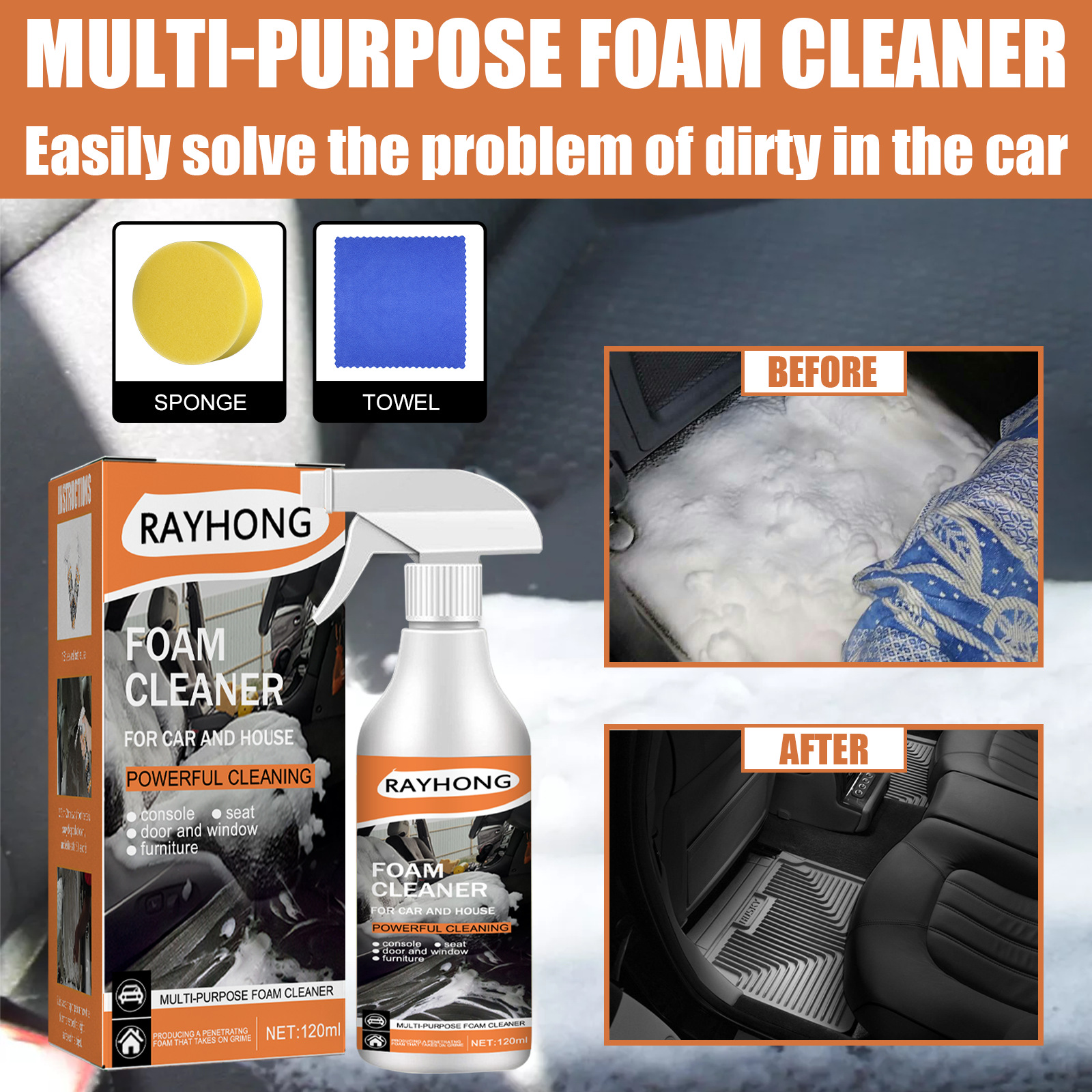 Foam cleaner packaging beside car cleaning comparison