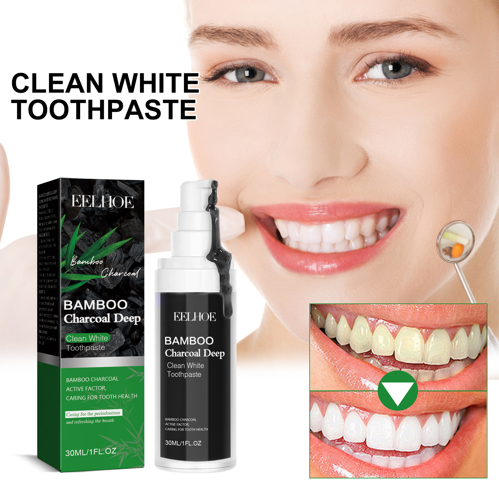 Charcoal toothpaste beside a brighter-looking smile visual