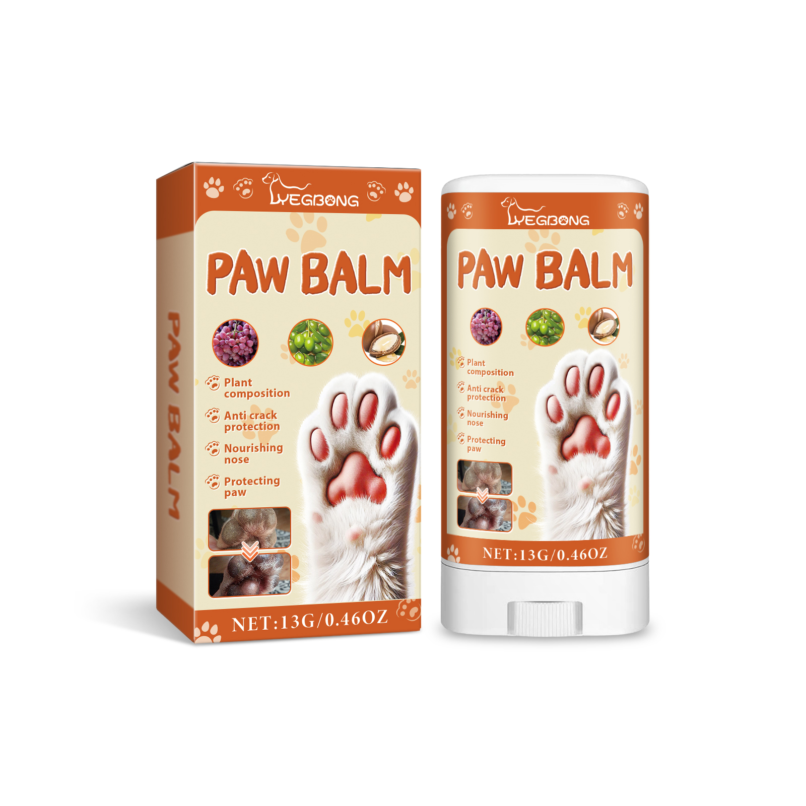 Orange cream pet balm carton with paw illustration