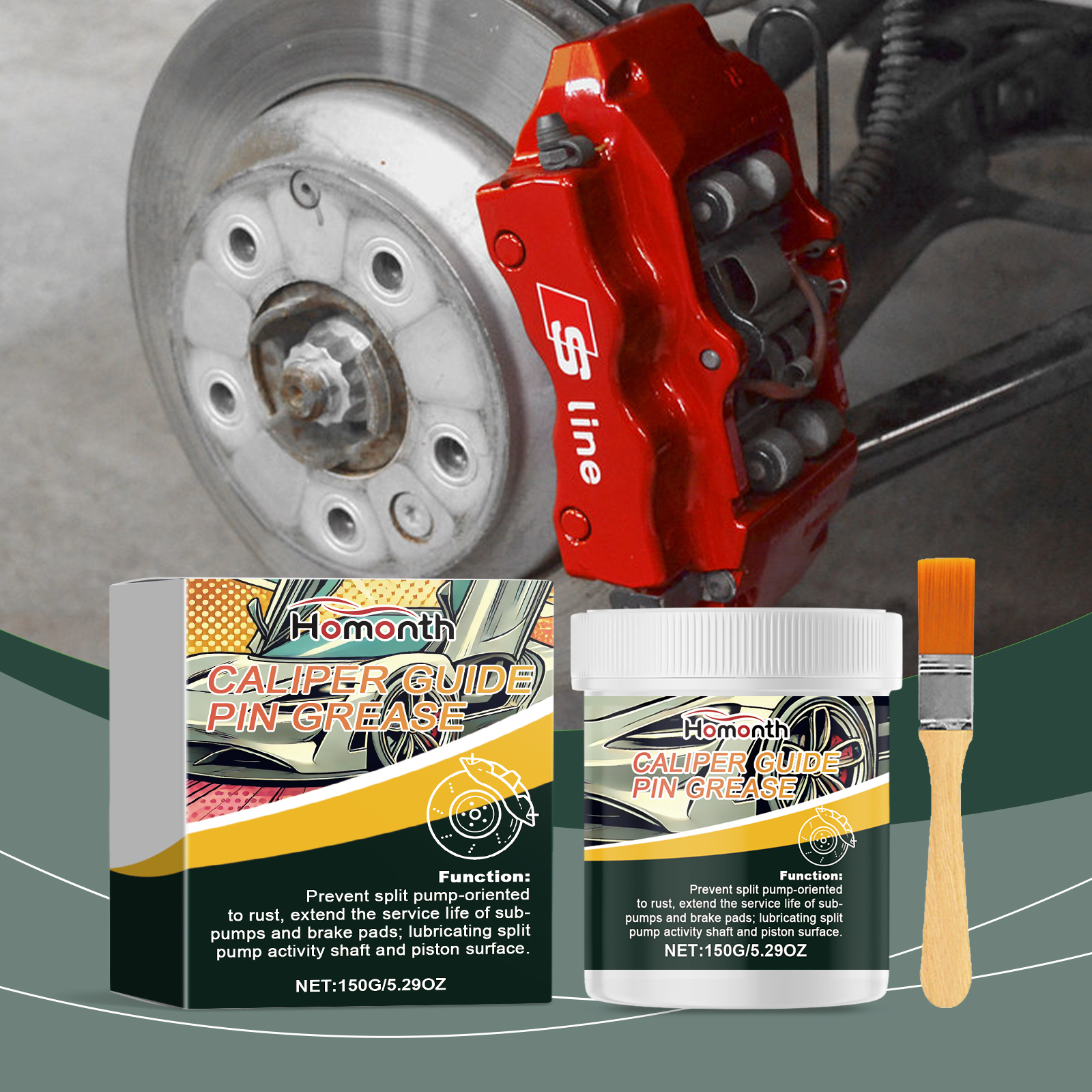 Brake grease brush beside serviced red caliper assembly