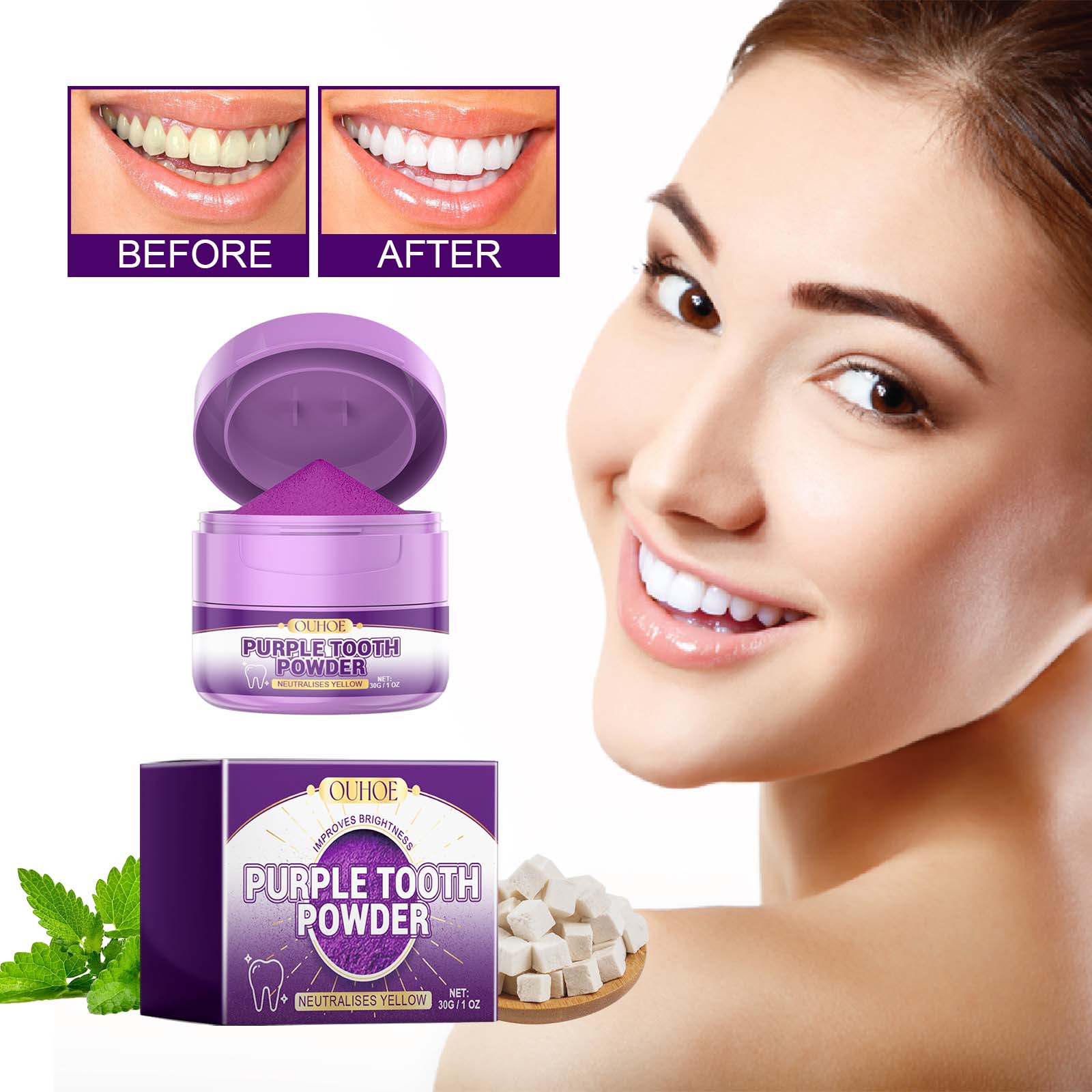 Adult smiling beside purple tooth powder before an occasion