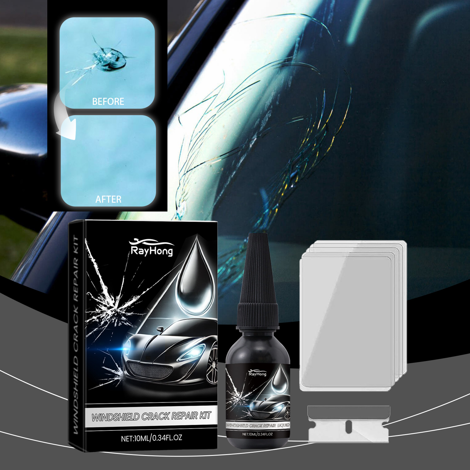 Small windshield chip shown in repair application