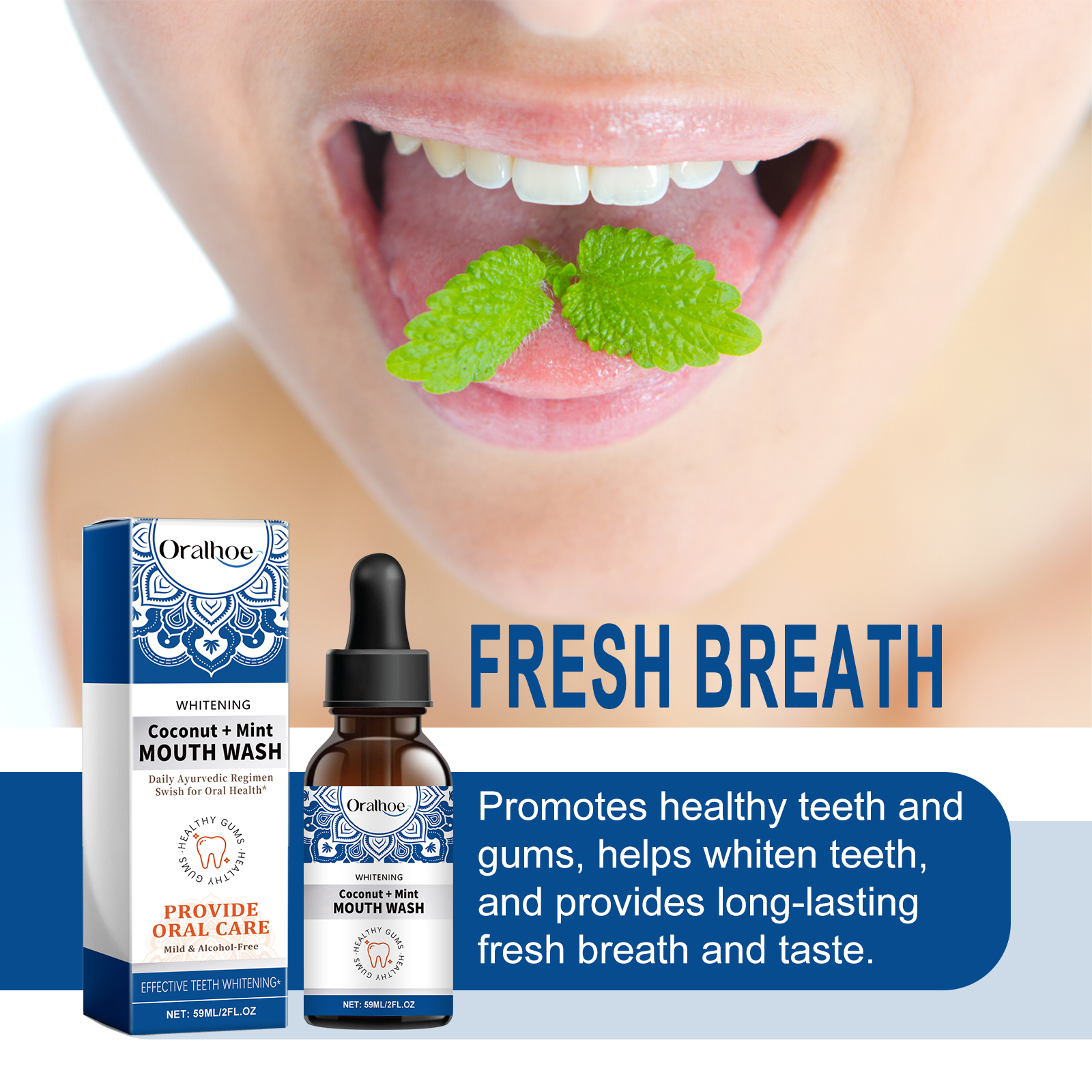 Mouthwash packaging with fresh mint and oral care claims