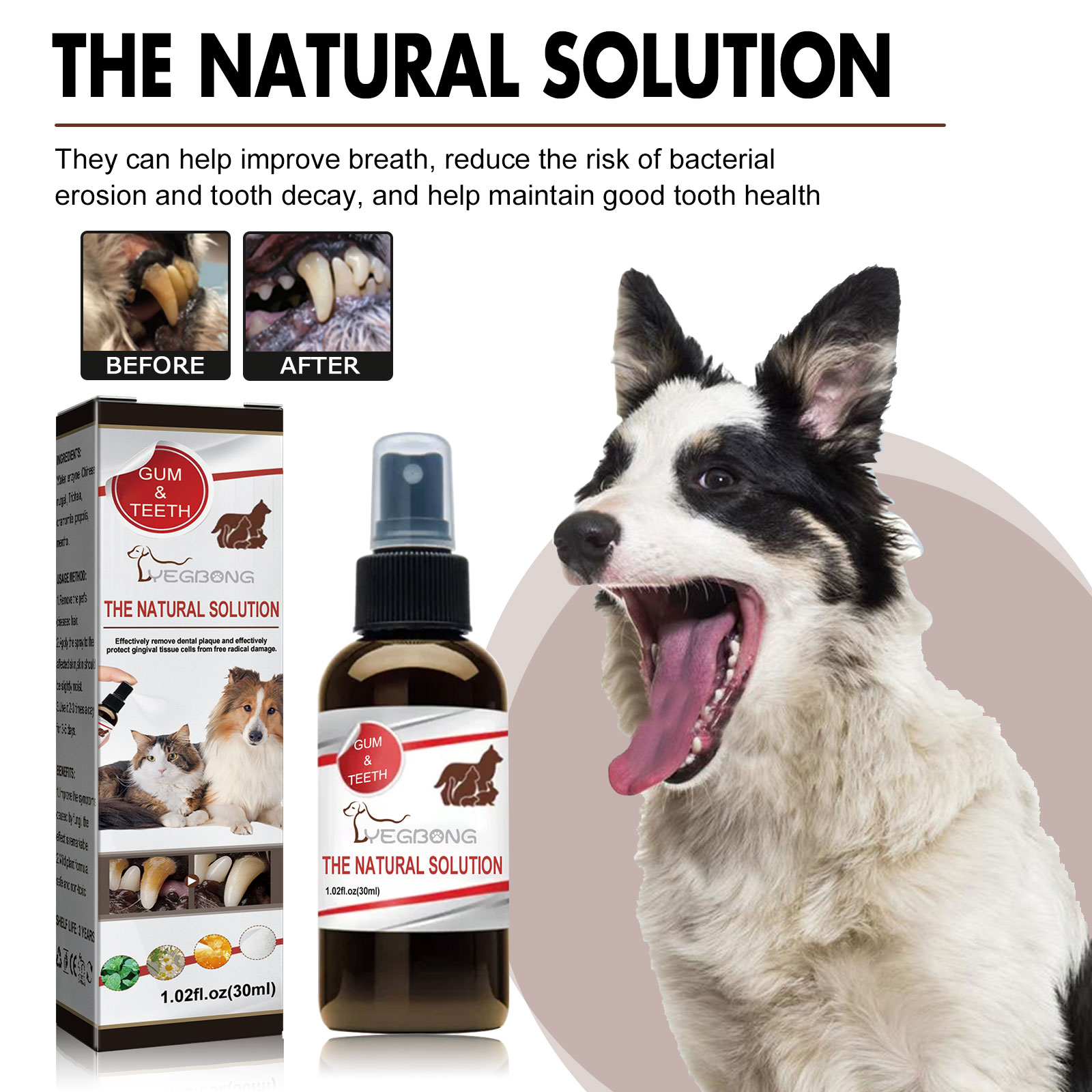 Pet breath and dental buildup comparison beside oral spray
