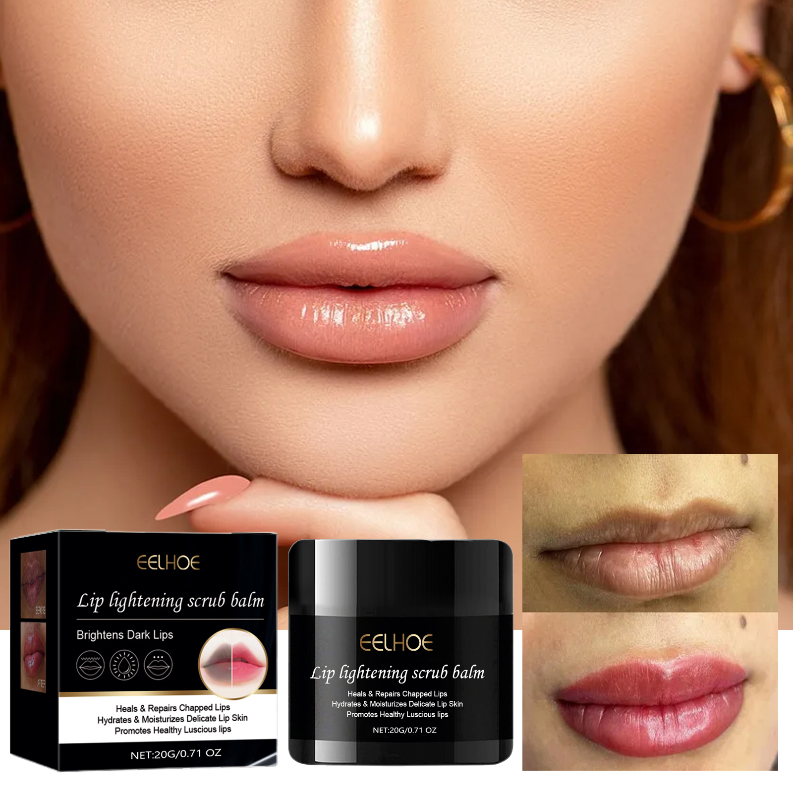 Glossy pink lips shown with a compact lip scrub below